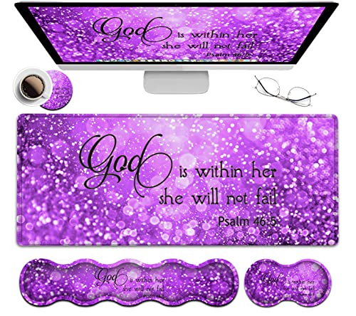 Gaming Mouse Pad XXL Large Desk Mat, Psalm 465 Bible Purple Extended Non-Slip Rubber Mice Pads Stitched Edges(31.5x11.8 in),Ergonomic Premium Memory Foam Keyboard Wrist Rest and Black Mouse Pad Set