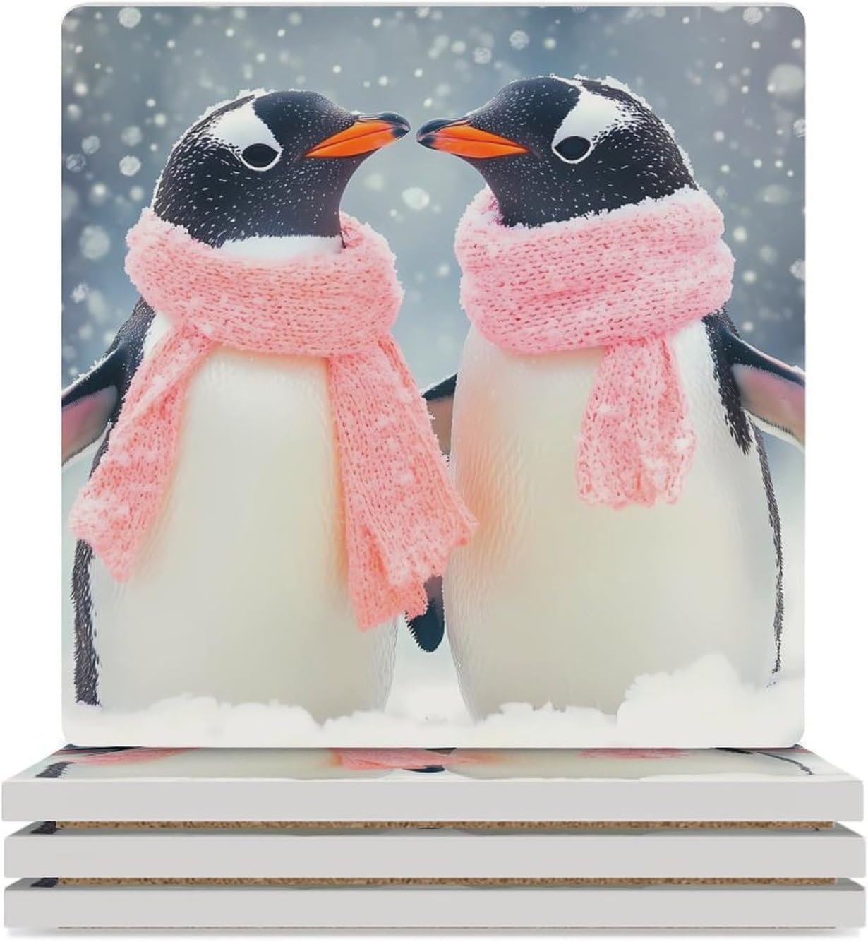 Penguins in Snows Day Funny Ceramic Coasters for Drinks Absorbent Cup Holder Tabletop Protector with Cork Base