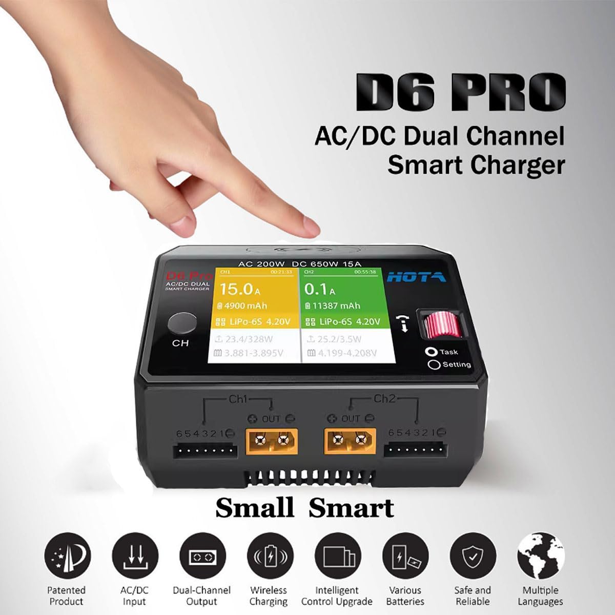HOTA D6 Pro Lipo Battery Charger AC200W DC650W 15A Dual Channel Smart Charger Quad Multi-Functions Charging for Nicd LiHv NiMH Lipo Battery RC Drone RC Car Parts