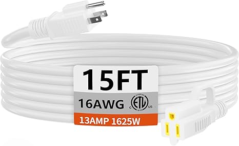 HUANCHAIN Indoor Outdoor White Extension Cord 15 ft Waterproof, 16/3 Gauge Flexible Cold-Resistant Appliance Extension Cord Outside, 13A 1625W 16AWG SJTW, 3 Prong Electric Cable, ETL