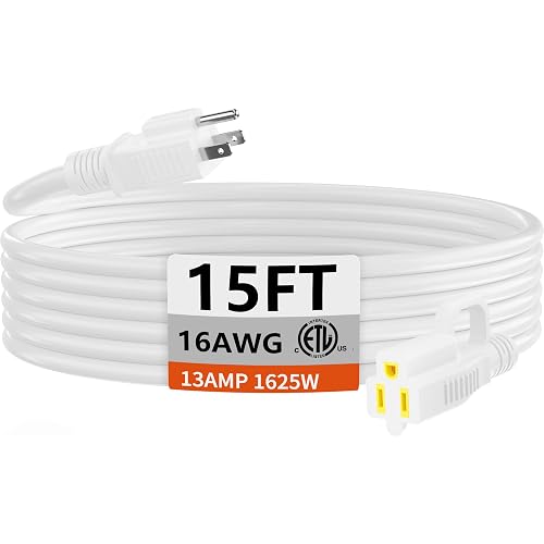 HUANCHAIN Indoor Outdoor White Extension Cord 15 ft Waterproof, 16/3 Gauge Flexible Cold-Resistant Appliance Extension Cord Outside, 13A 1625W 16AWG SJTW, 3 Prong Electric Cable, ETL