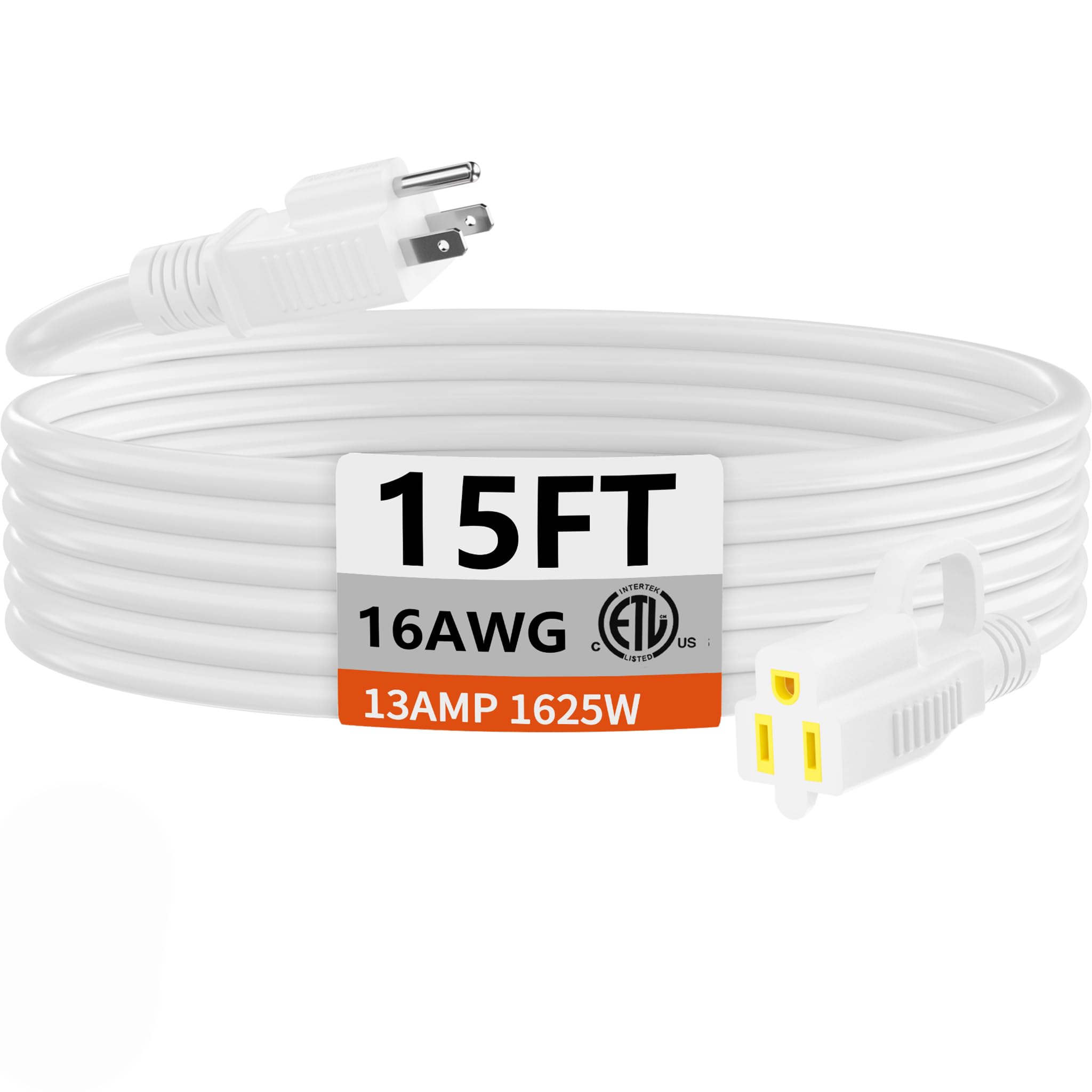 HUANCHAIN Indoor Outdoor White Extension Cord 15 ft Waterproof, 16/3 Gauge Flexible Cold-Resistant Appliance Extension Cord Outside, 13A 1625W 16AWG
