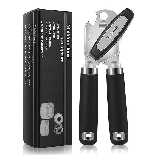 Safring Can Opener Manual, Heavy Duty Handheld Strong Can Opener with Soft Touch Handle, Sharp Blade Smooth Edge, Can Openers with Multifunctional Bottle Opener, Black
