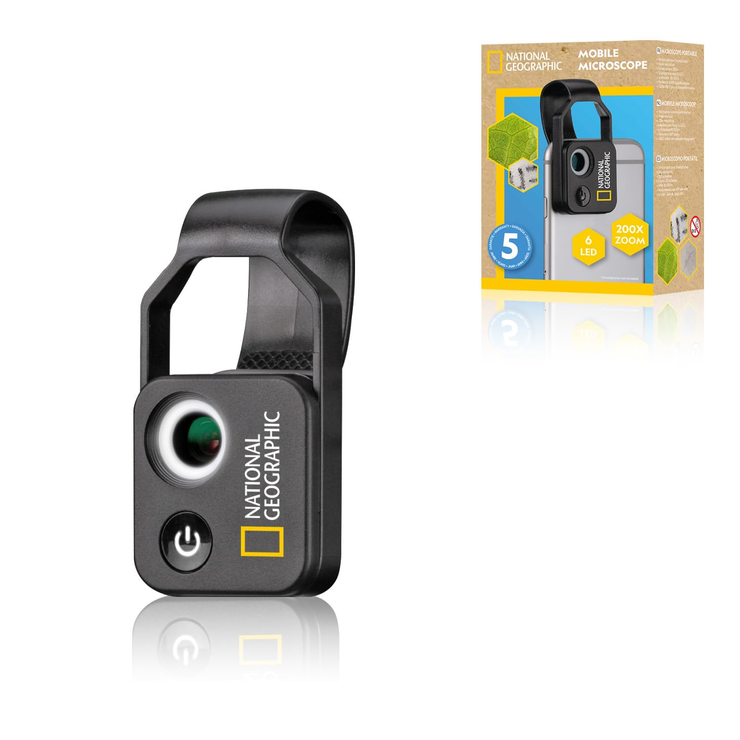 National Geographic Handy-Mikroskop 200x mit CPL, 2 Helligkeitsmodi und Universal-Clip, kompatibel mit 98% der Mobiltelefone, ohne zusätzliche App, 9118500
