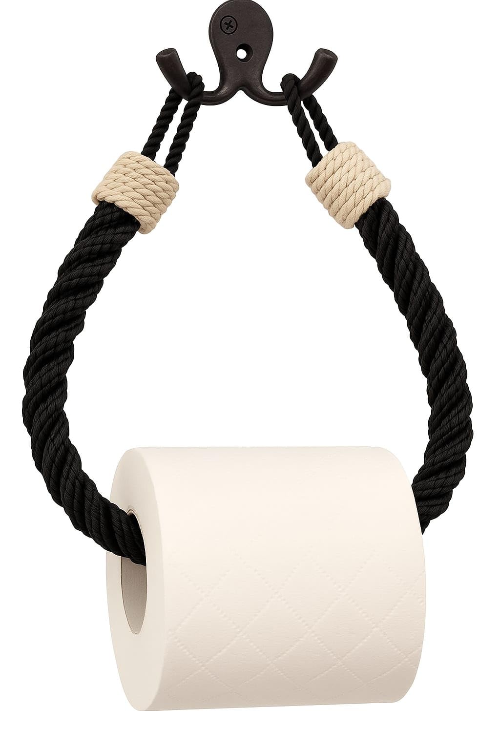 Assorted Collections Black Rope White Knot Rope Toilet Roll Holder | Wall Mounted Jute Towel Holder With White Knots | Rustic Bohemian Nautical Bathroom Accessory | Easy To Install (Black Rope White Knot)