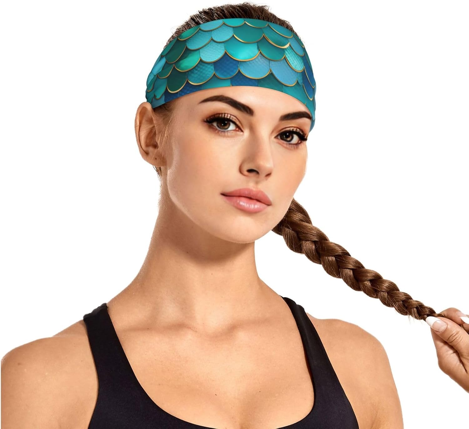 Mermaid Scale Print Elastic Headband Breathable Workout Hair Band Running Cycling Outdoor Activities