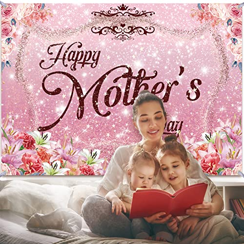 Image of 7X5FT Happy Mother's Day Backdrop /Background Happy Mother's Day Banner Decoration Pink Flowers Family Photo Booth Portrait Studio Props