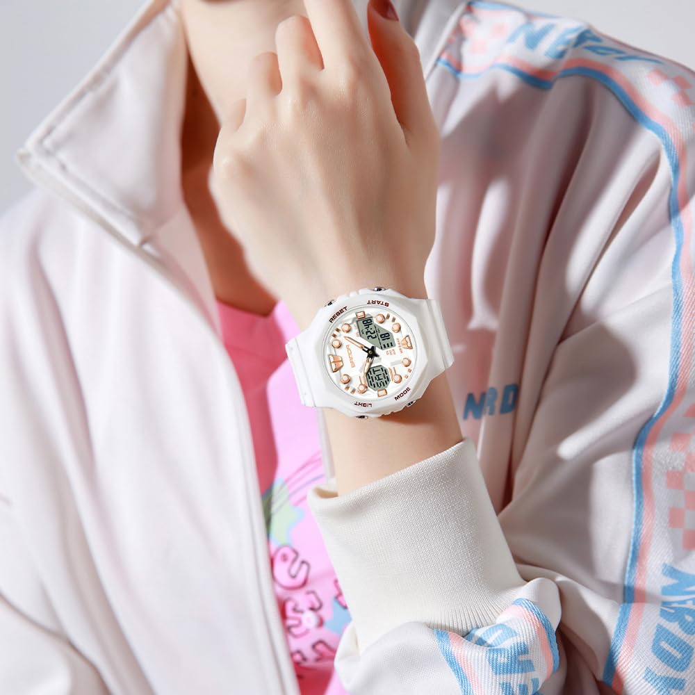 Gosasa Montre de sport numérique unisexe étanche 5ATM avec chronomètre, alarme, rétroéclairage LED, bracelet transparent, style militaire pour homme et femme