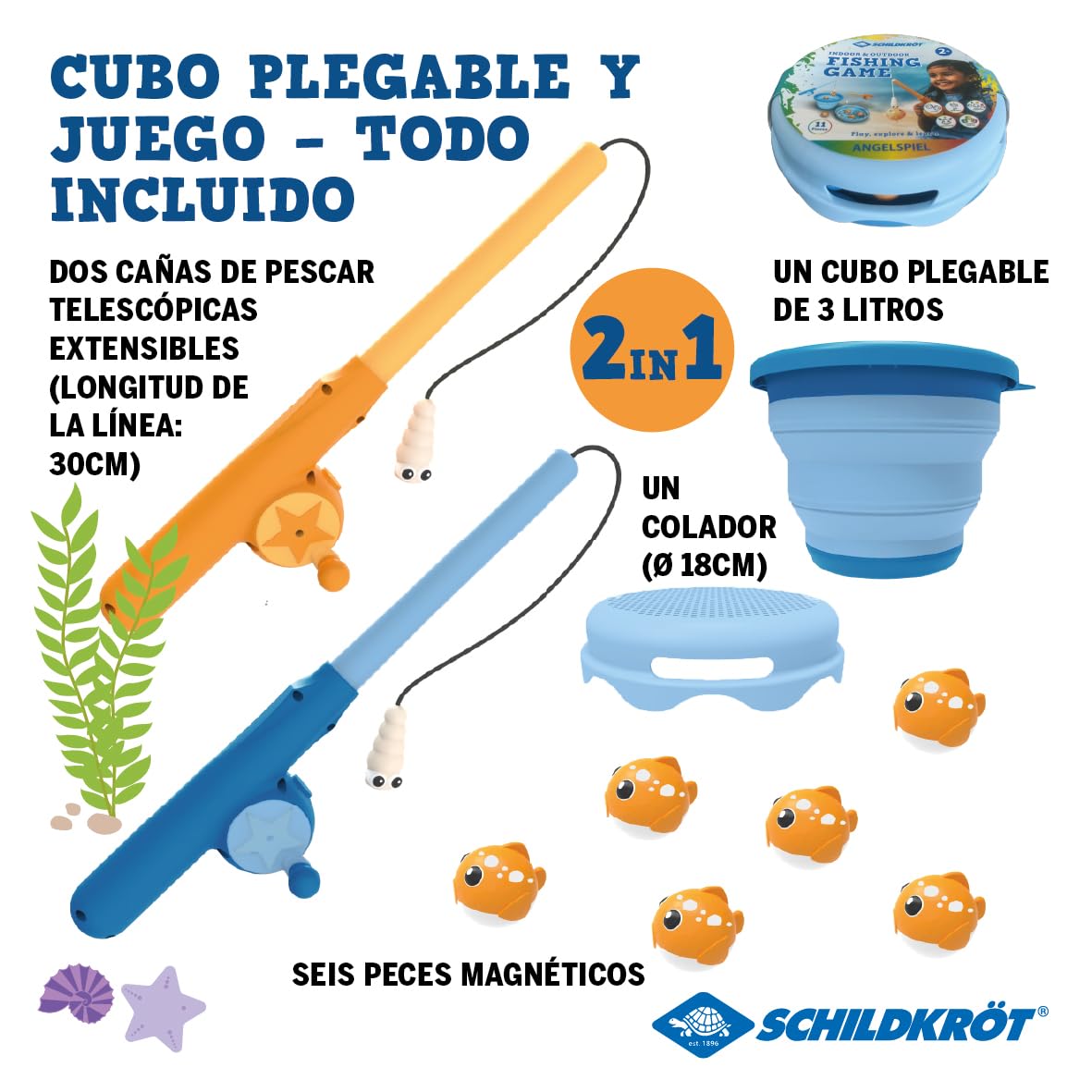 Schildkröt Juego de Pesca Magnético | Caña Telescópica | Cubo Plegable 3 L | Sin BPA | para Interiores y Exteriores | A Partir de 3 Años