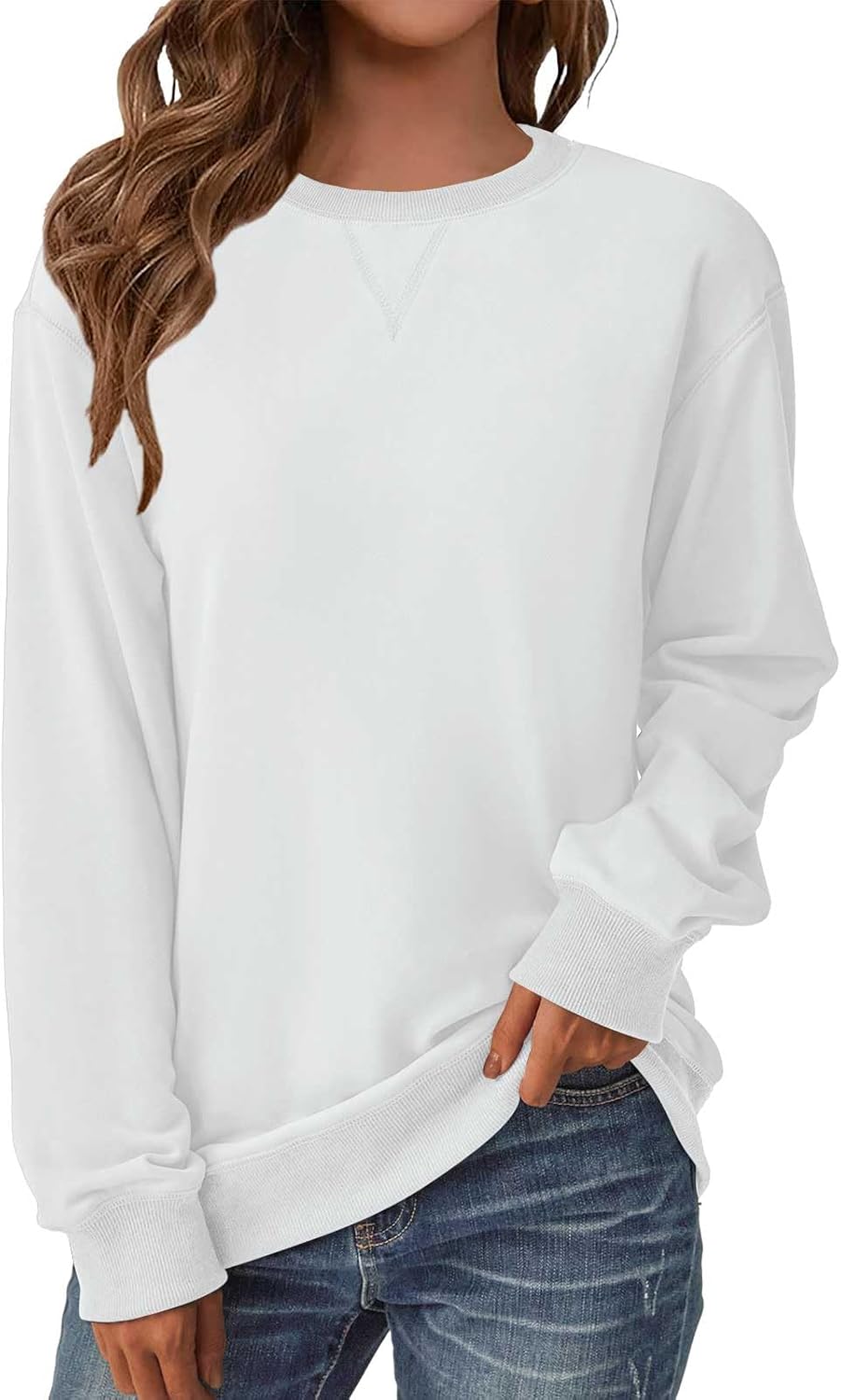 Womens Casual Long Sleeve Sweatshirt Crew Neck Crewneck T Shirt Tshirt Cute Pullover Tops Relaxed Fit Thin Soft Fall Light Weight Loose Fit Sweater 2025 Fashion Clothes Trendy Outfits White M