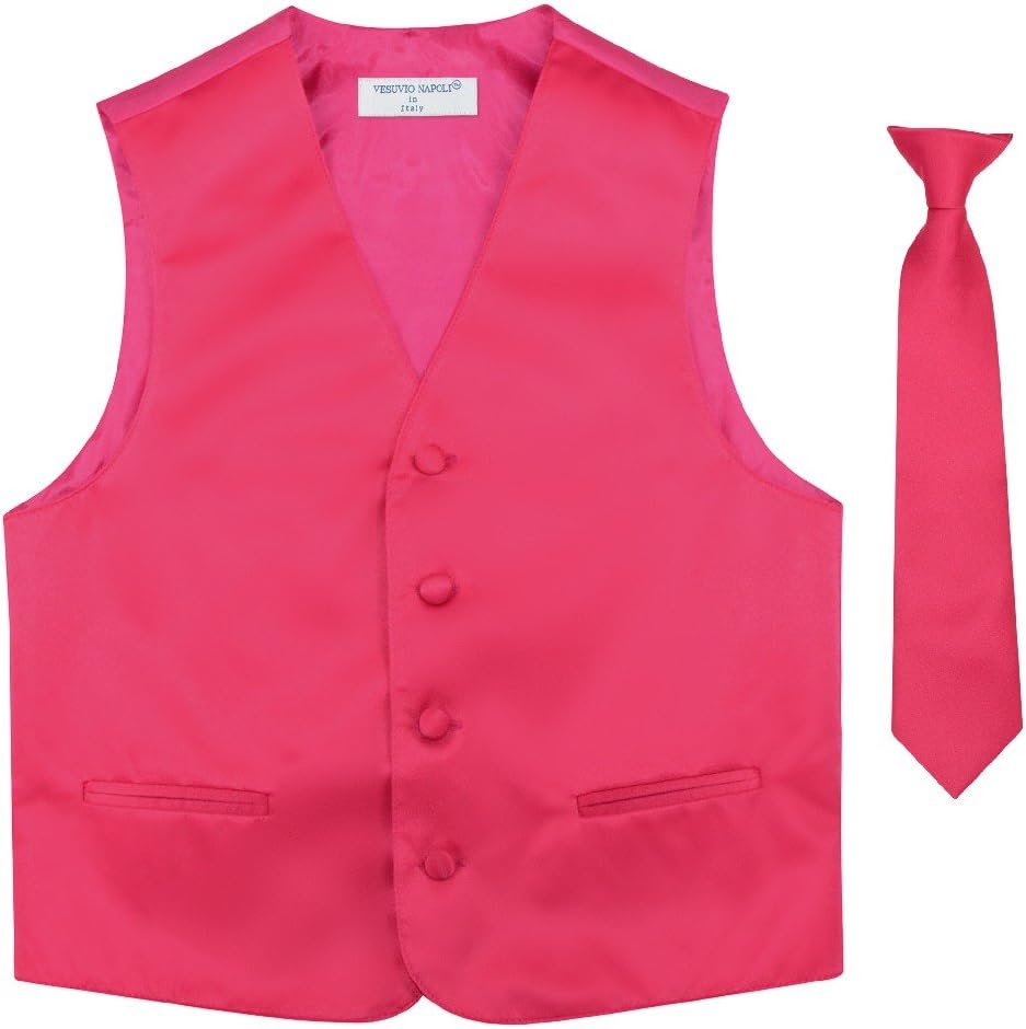 Vesuvio Napoli BOY'S Dress Vest & NeckTie Solid HOT PINK FUCHSIA Color Neck Tie Set