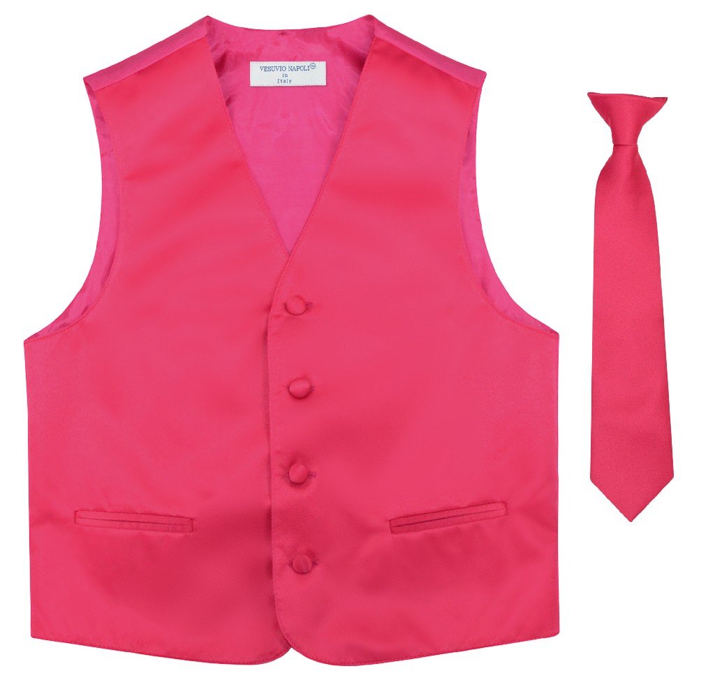 BOY'S Dress Vest &amp; NeckTie Solid HOT PINK FUCHSIA Color Neck Tie Set