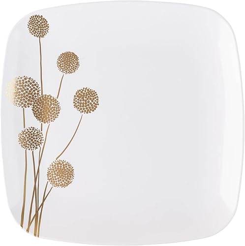 EcoQuality Platos cuadrados de plástico blanco de 8.5 pulgadas con platos de fiesta de diente de león dorado como porcelana, plato de ensalada