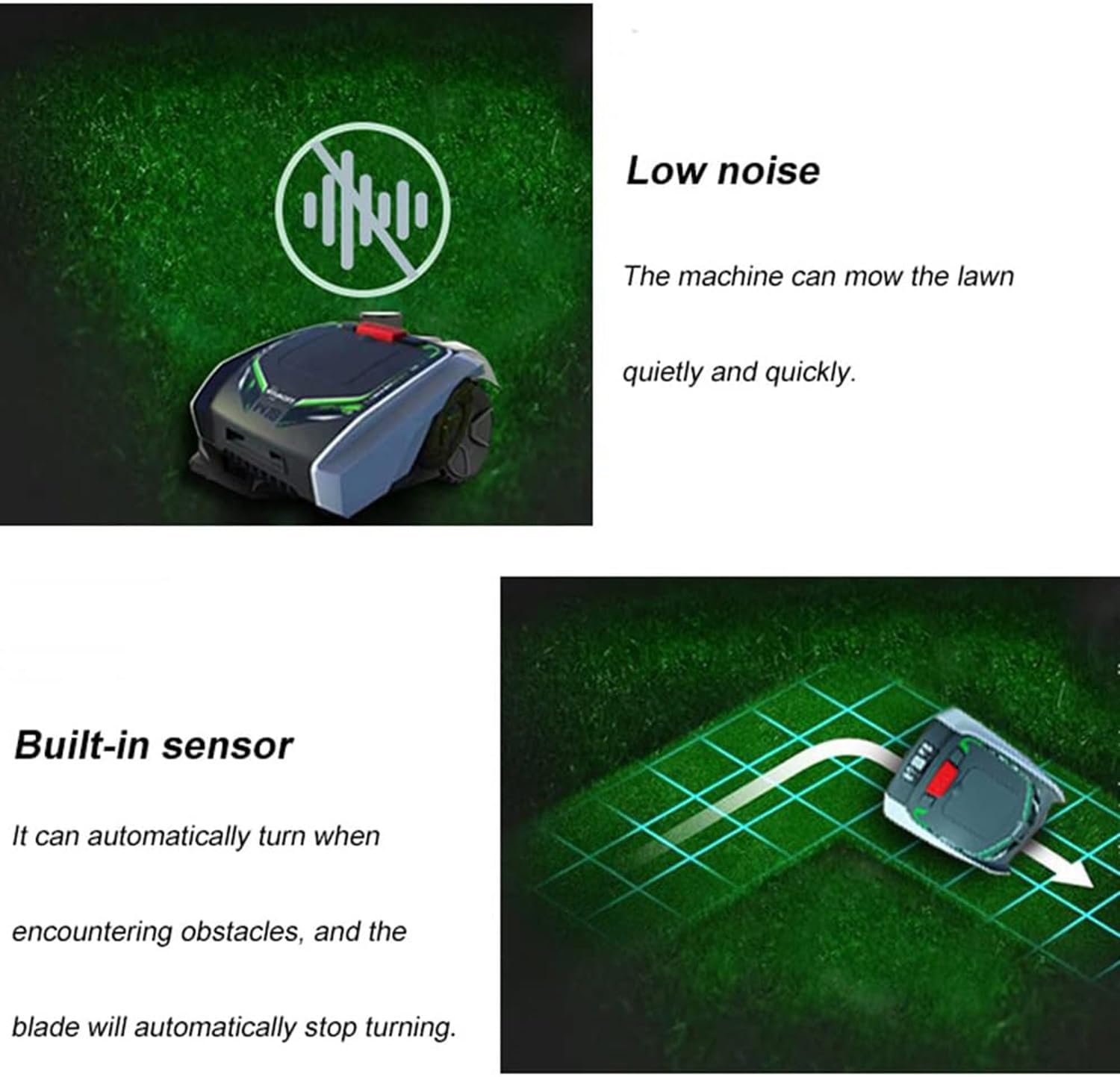 Robot cortacésped con navegación asistida por GPS, ultrasilencioso, control de aplicaciones por Bluetooth, planificación de rutas, carga automática