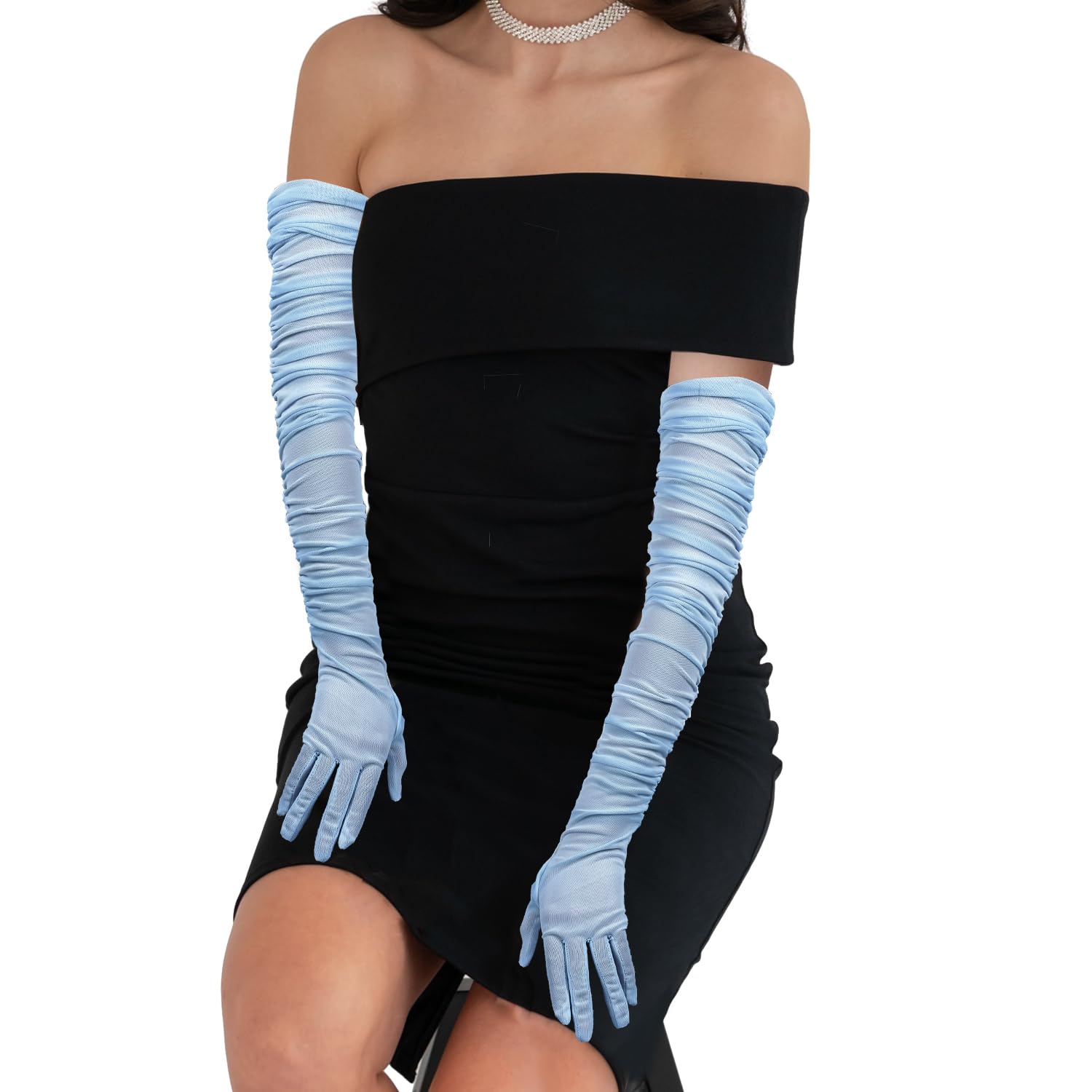 Guantes Largos, Guantes Sexis con Pliegues Elásticos Guantes Transparentes de Tul Guantes de Los Años 20 para Fiesta de Disfraces de Halloween de Navidad de Ópera (Azul Claro)