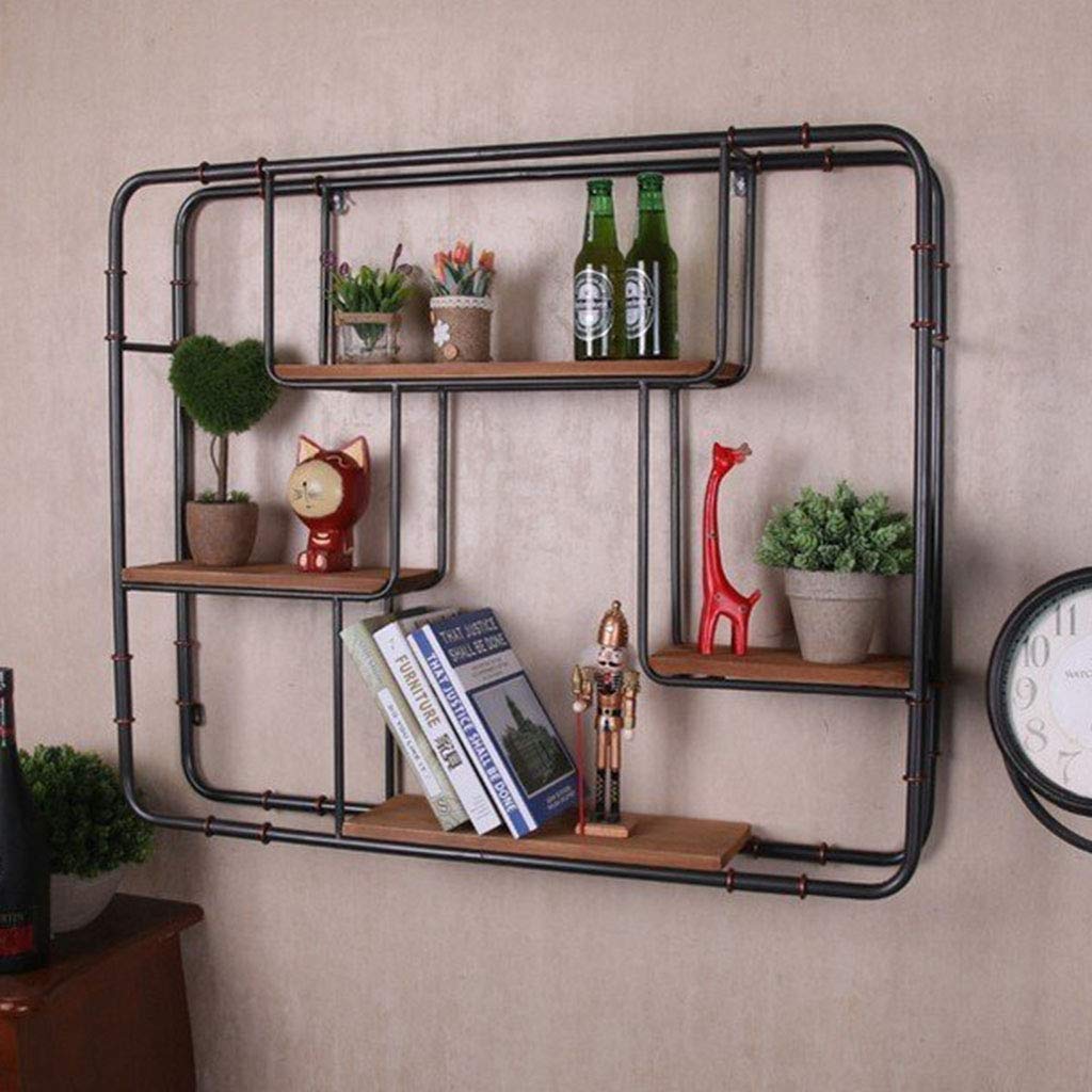 Industrielle Rectangulaire, Étagères Flottantes en Bois et Métal Noir, Présentoir de Conduite d'eau en Fer Rétro, Étagère à Épices de Cuisine, Style Rustique - 90x79CM