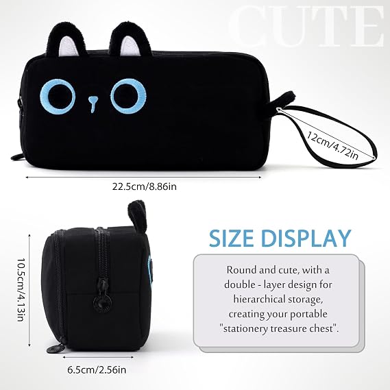 CICIMELON Cartoon Pencil Case, Large Capacity Pen Pouch with Embroidered Animal Design, School Supplies Bag for Kids, Teens, Students (Black Cat)