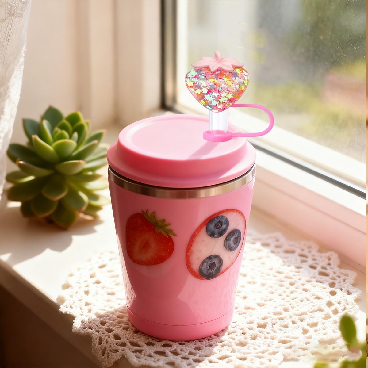 5PCS Spring Straw Toppers for Stanley Cups,Cute Fruit Straw Cover Caps for Stanley 30&40 Oz Tumbler,10mm 0.4in Reusable Soft Silicone Drinking Tips Lids Stanley Cup Accessories - Image 2