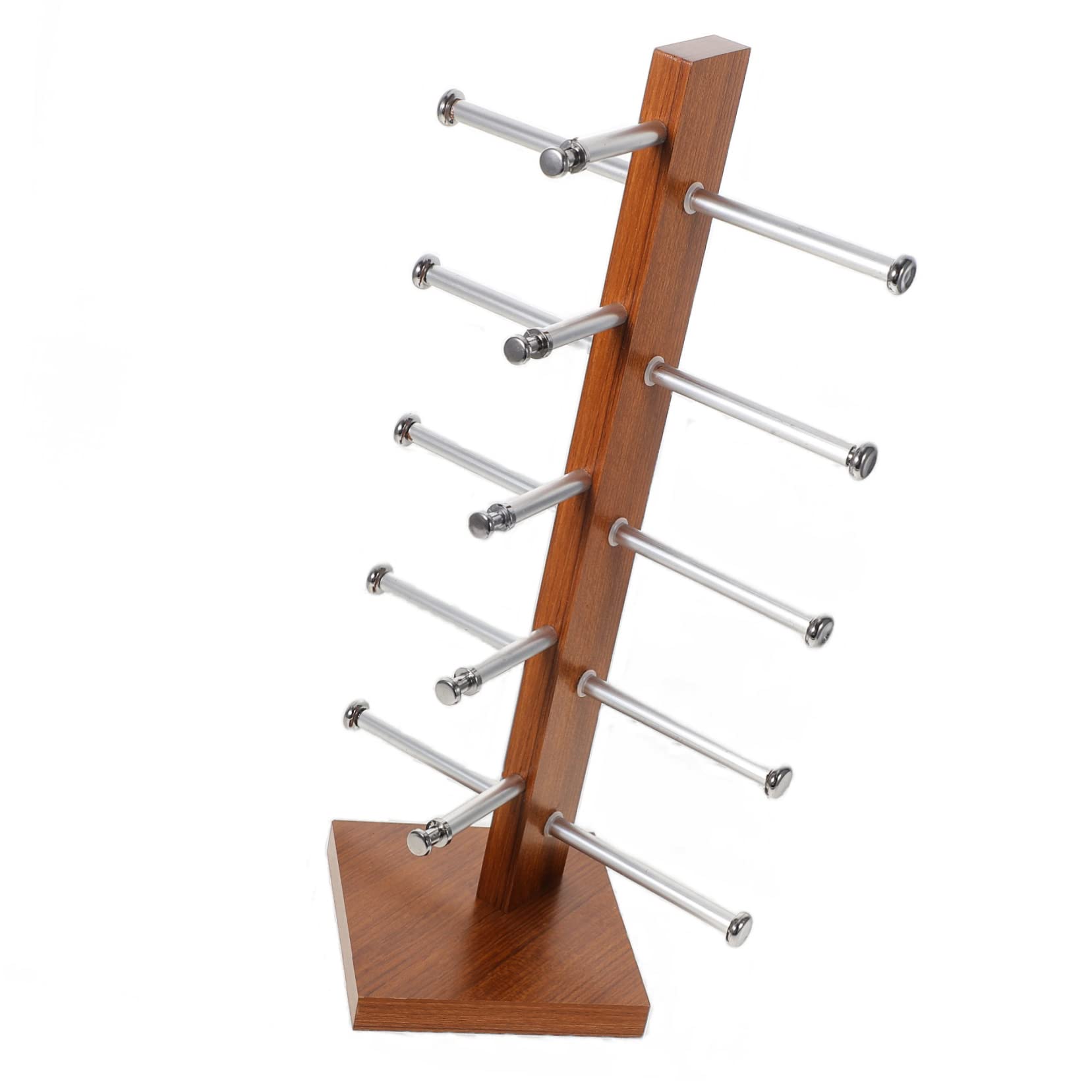 Espositore Multi-tier per Occhiali in Legno e Alluminio | Capacità 5 Paia, Finitura Vintage in Teak, Uso su Banco per Negozio o Casa