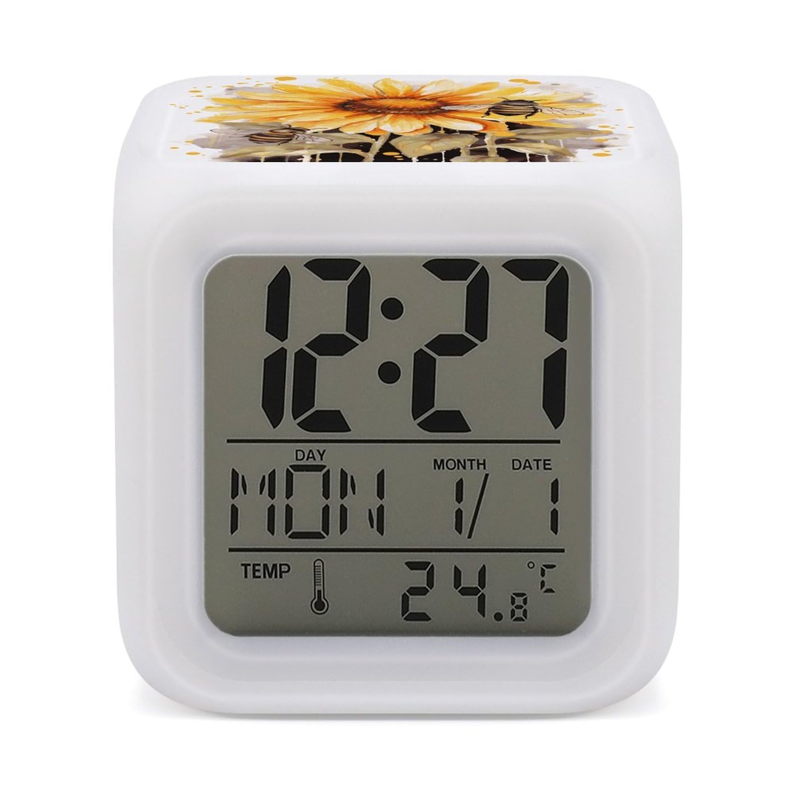 FekiLoot Blackboard Bees Sunflowers Alarm Clock 7 LED Color Changing Wake Up Clock Digital Alarm Clocks with Snooze Digital Bedside Clocks with Night Light for Home Office Or Dorm