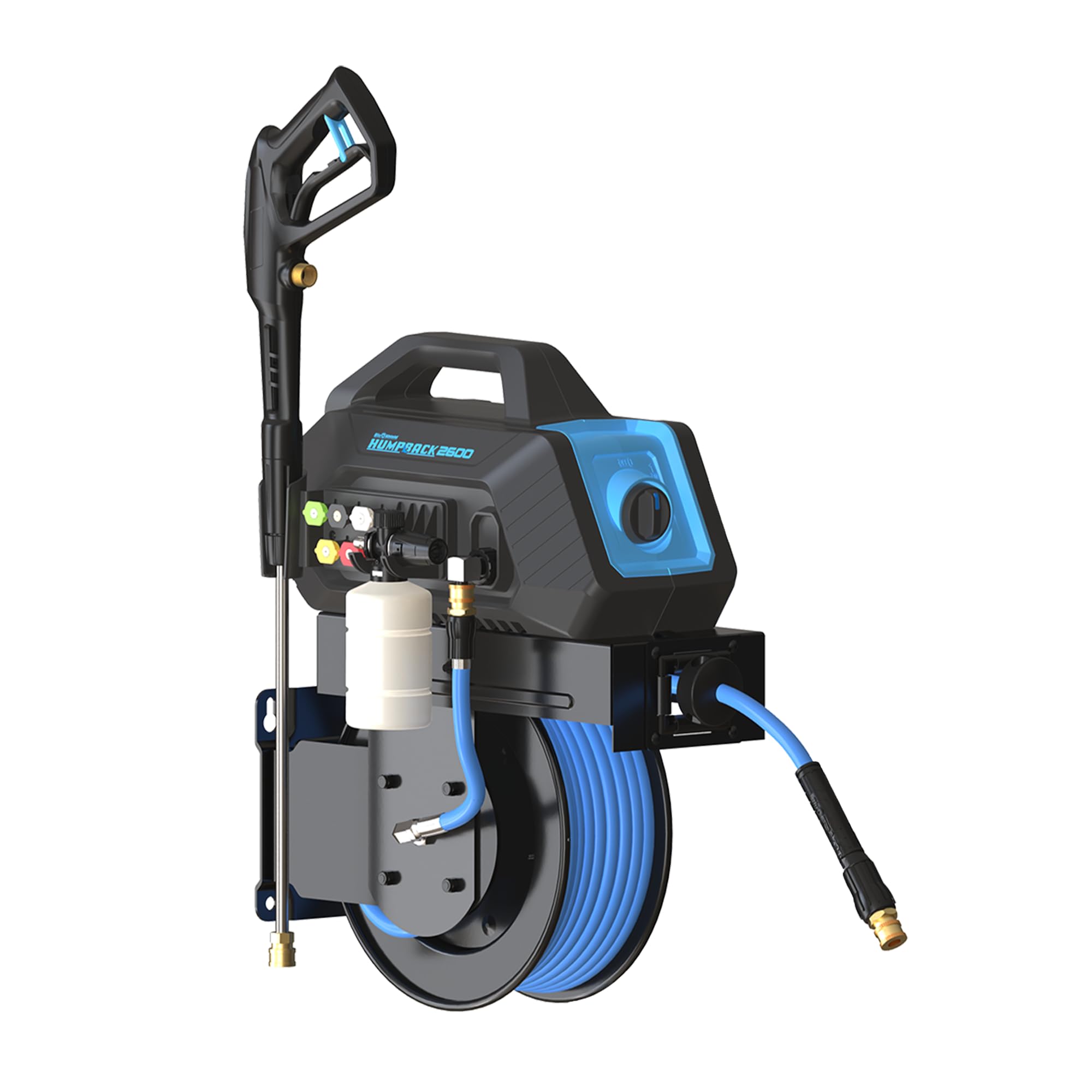 Blu Shield Humpback All-in-One Pressure Washer System, Electric Pressure Washer 2600 PSI, Auto-Retractable Hose Reel, Inlet Hose & Accessories - Steel Frame, Leak-Free & Space-Saving