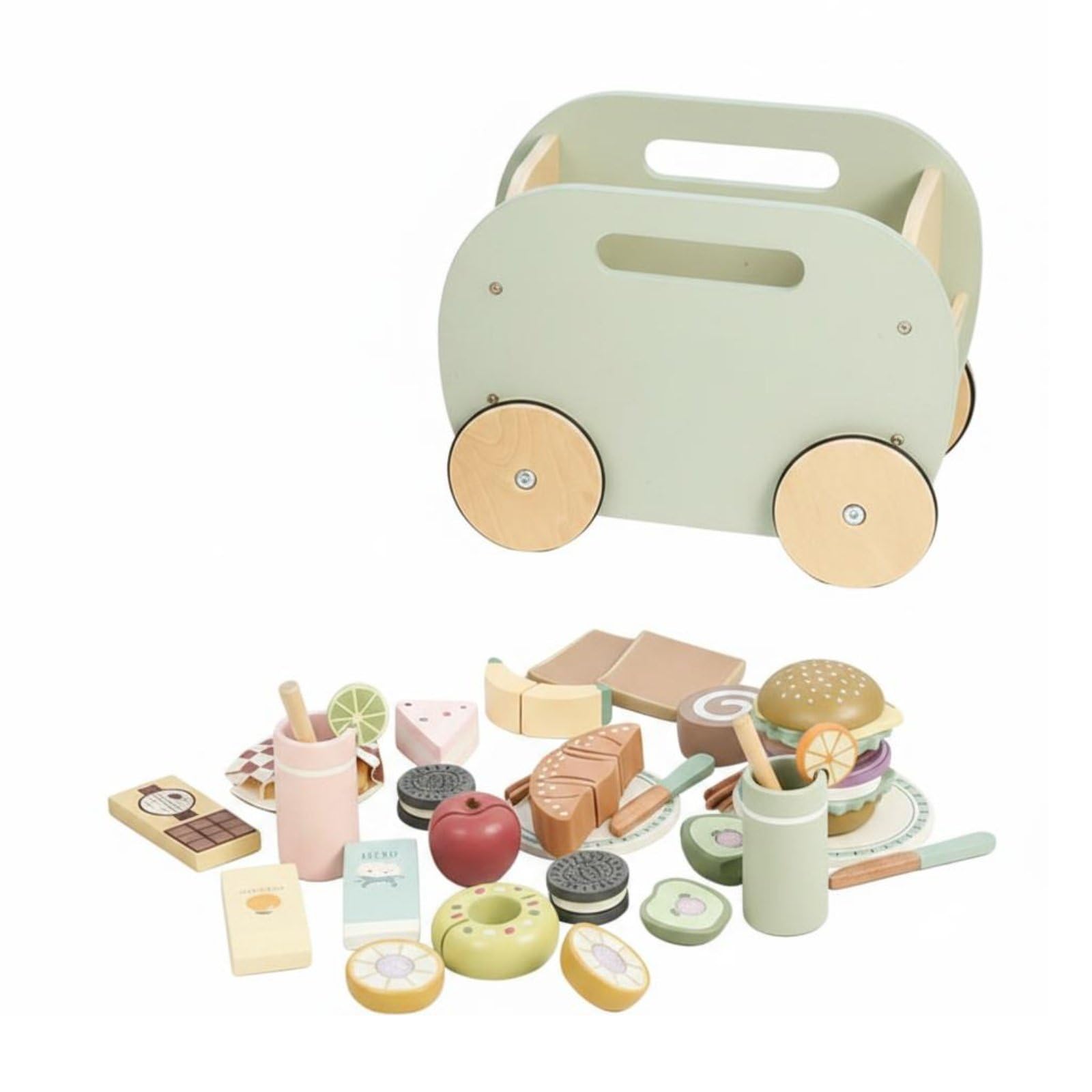 Kinder Spielzeug Wagen Kinderküchen Spielset Holz Imbisswagen Rollenspiel Essenswagen Lernspielzeug mit 31 Teilen Holzmaterial Tragbarer Ziehwagen für Vorschule Zuhause Garten