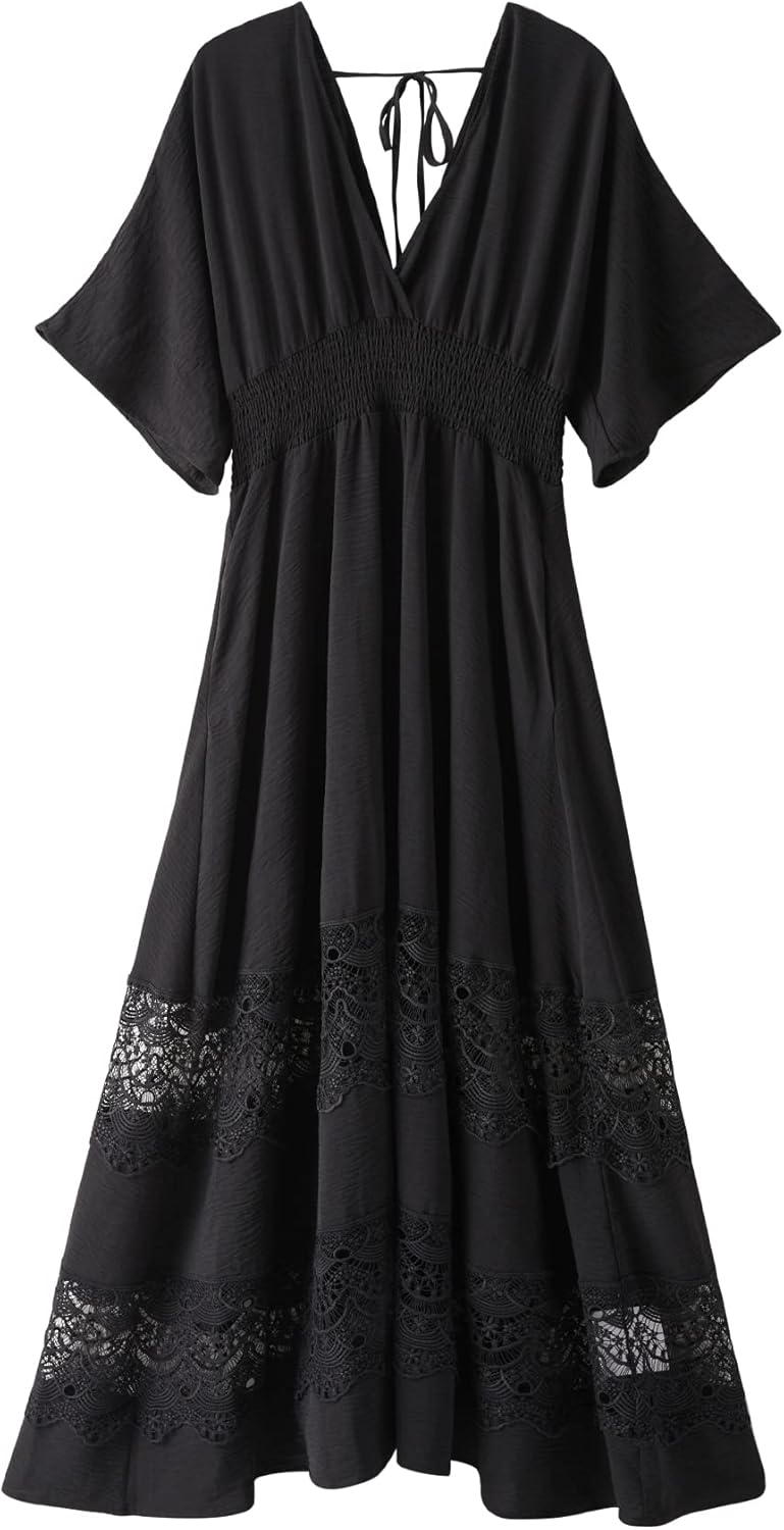 Women's Lace Maxi Dress Short Sleeve V Neck Party Dress Smocked Waist Boho Maxi Dress Bohemian Dress for Women