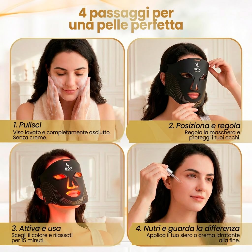 Maschera LED per il viso professionale, luce rossa e infrarossi per la cura della pelle - Trattamento anti-età con 4 modalità di luce LED per linee di espressione e fermezza