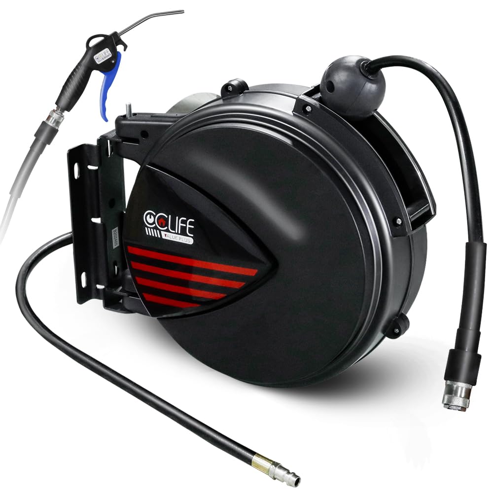 CCLIFE Enrouleur de Tuyau d'Air Comprimé 10m 1/4" Raccord Rapide Dévidoir de tuyau automatique max 15 bar