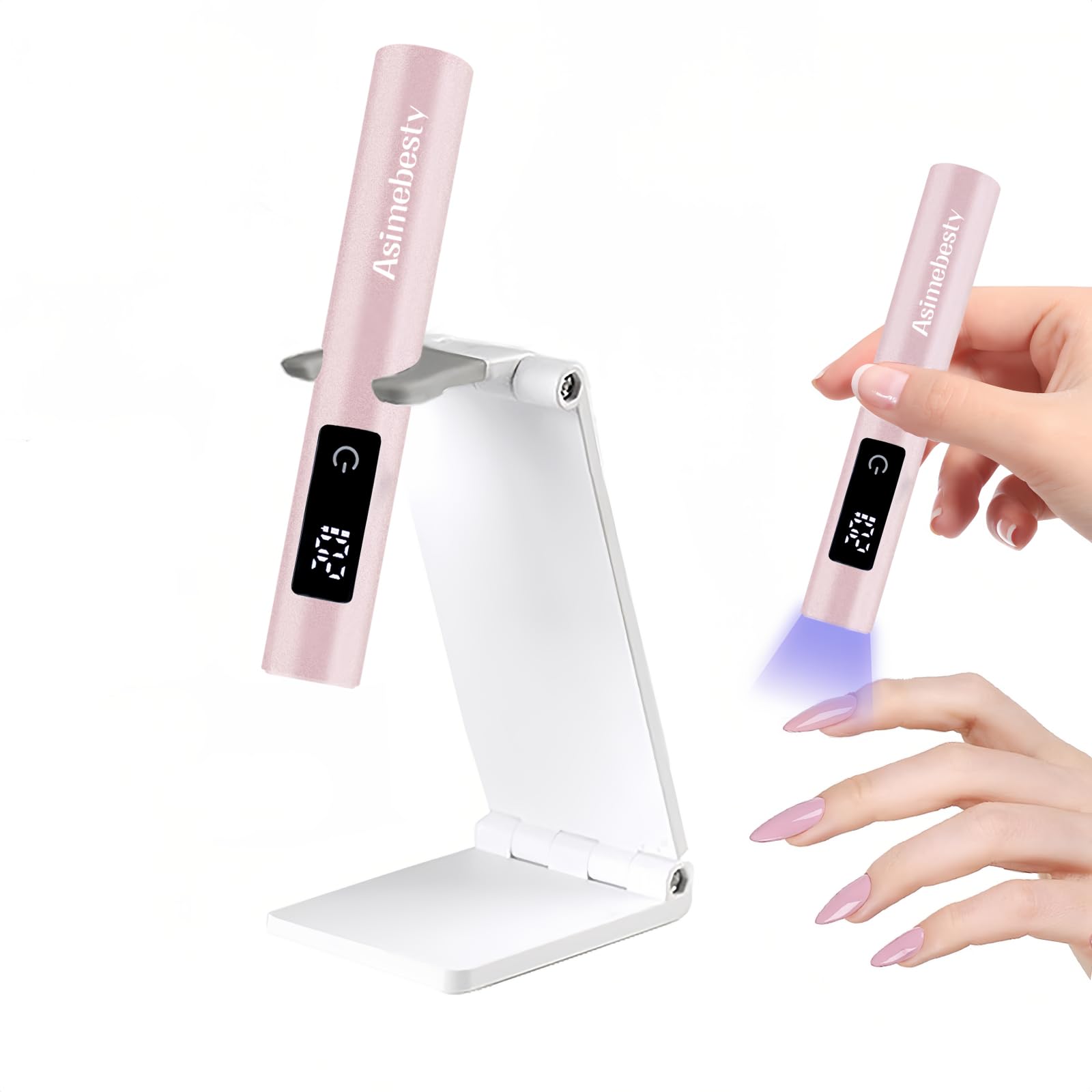 Asimebesty Lampara Uñas Semipermanentes, Mini Lampara UV Led Uñas 3W, Secador de Uñas Portátil con Soporte Temporizador 20/60/90S, Secado Rápido para Bricolaje en Casa Salón de Uñas Rosa