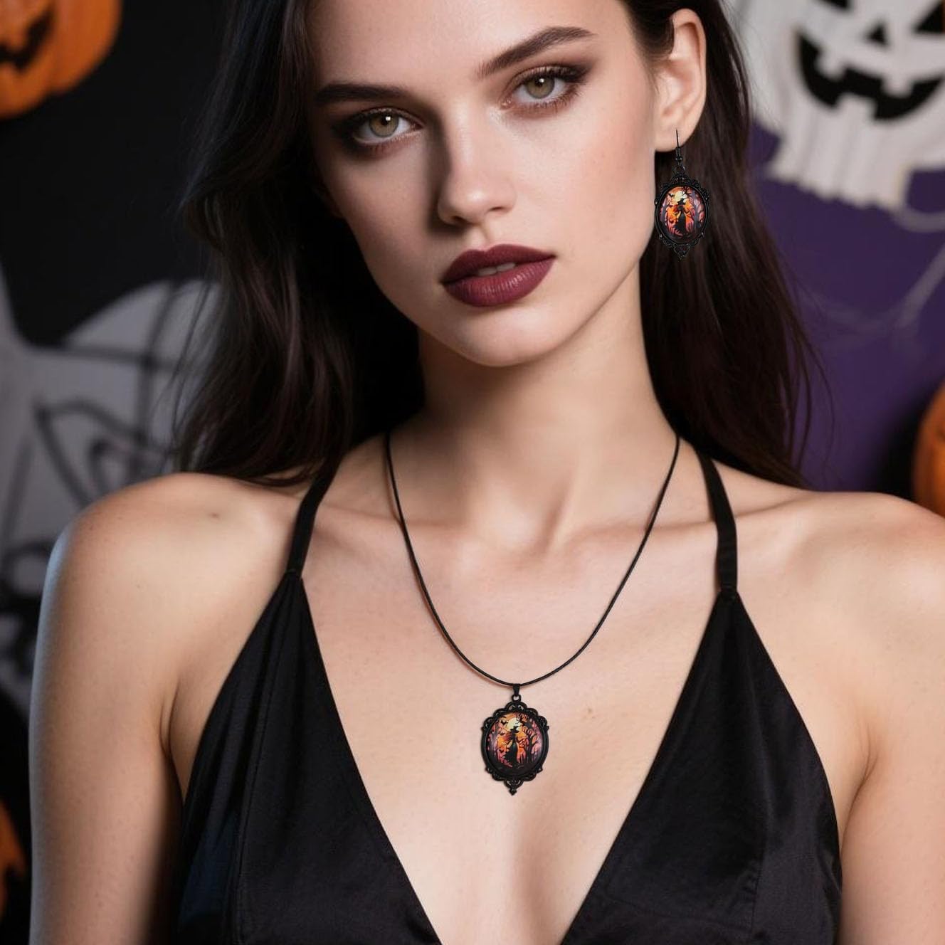 Goth Halloween Jewelry for Women Vintage Gothic Witch Pendant Necklace Earrings Punk Black Bat Glass Necklaces Witch Halloween Gothic Jewelry Emo Accessories - Image 2