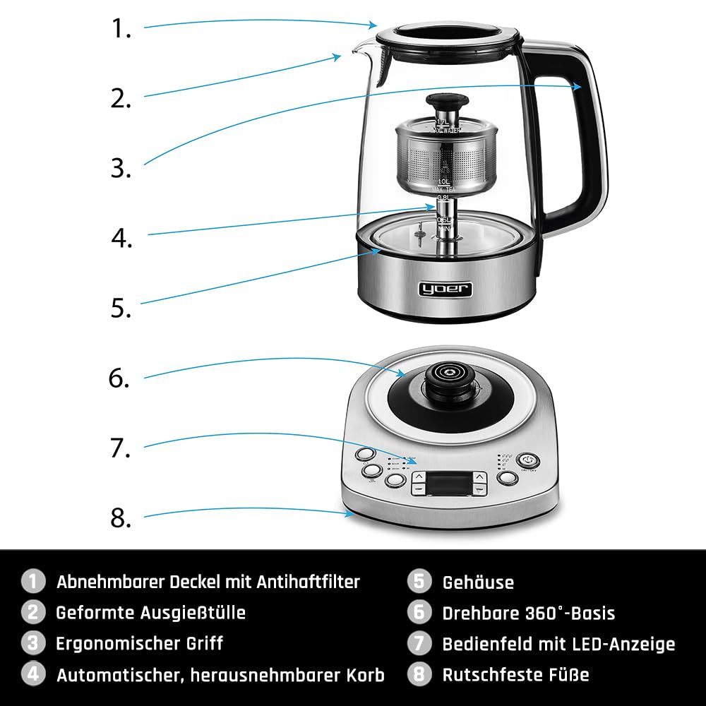 Yoer Elektrischer Wasserkocher, 2200W, Teesieb, 1,7 L, Automatisch