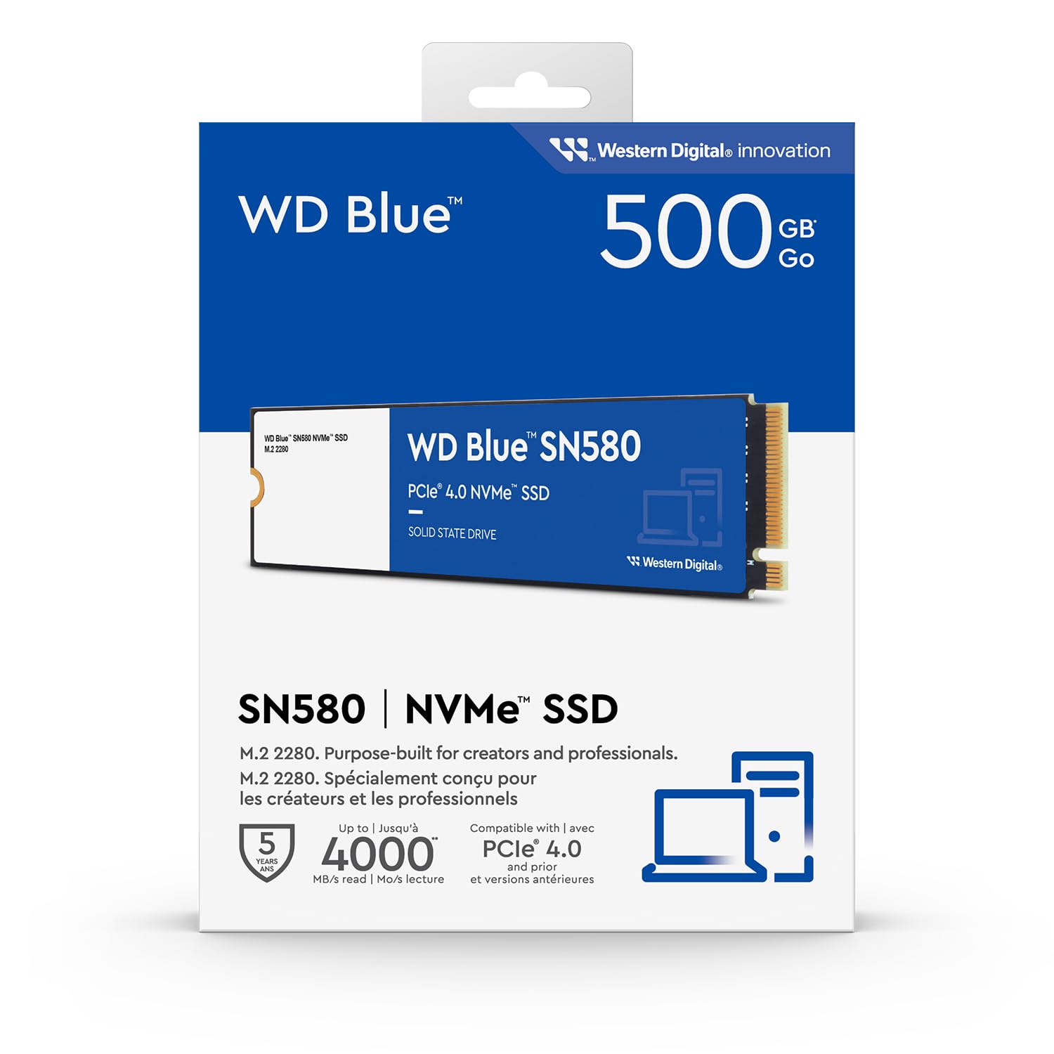 WD Blue SN580,500 GB,M.2 2280,fino a 4 000 MB/s,PCIe Gen4 NVMe,Include Acronis True Image per Western Digital,clonazione e migrazione del,backup completo e ripristino rapido, protezione da ransomware