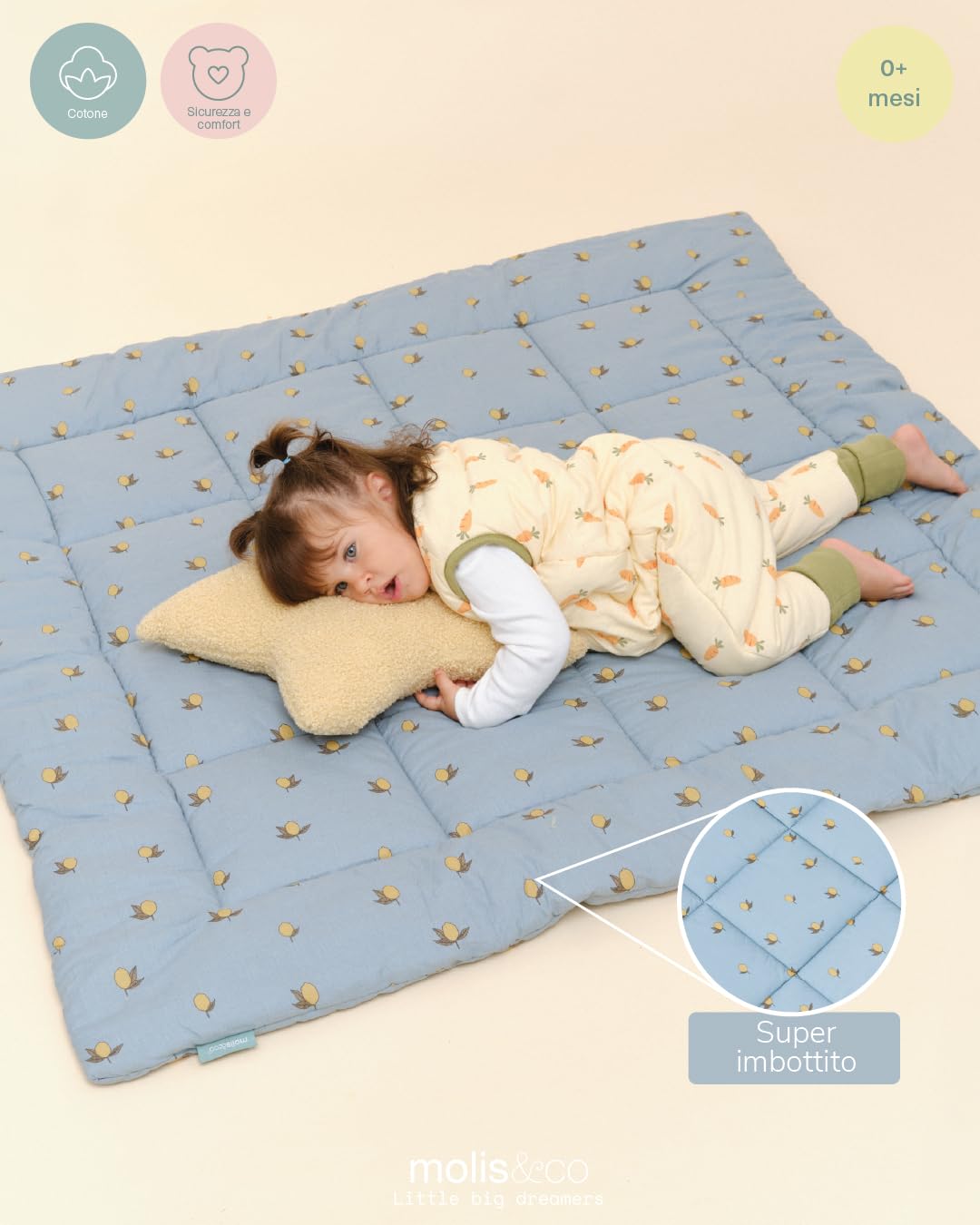 molis&co - Tappeto Gioco Bambini e Neonati 120x120x5cm - Tappeto Morbido Bambini - Tappeto Gioco Neonato Pieghevole, Reversibile e Lavabile - 100% Cotone (OEKO-TEX 100) - Colima
