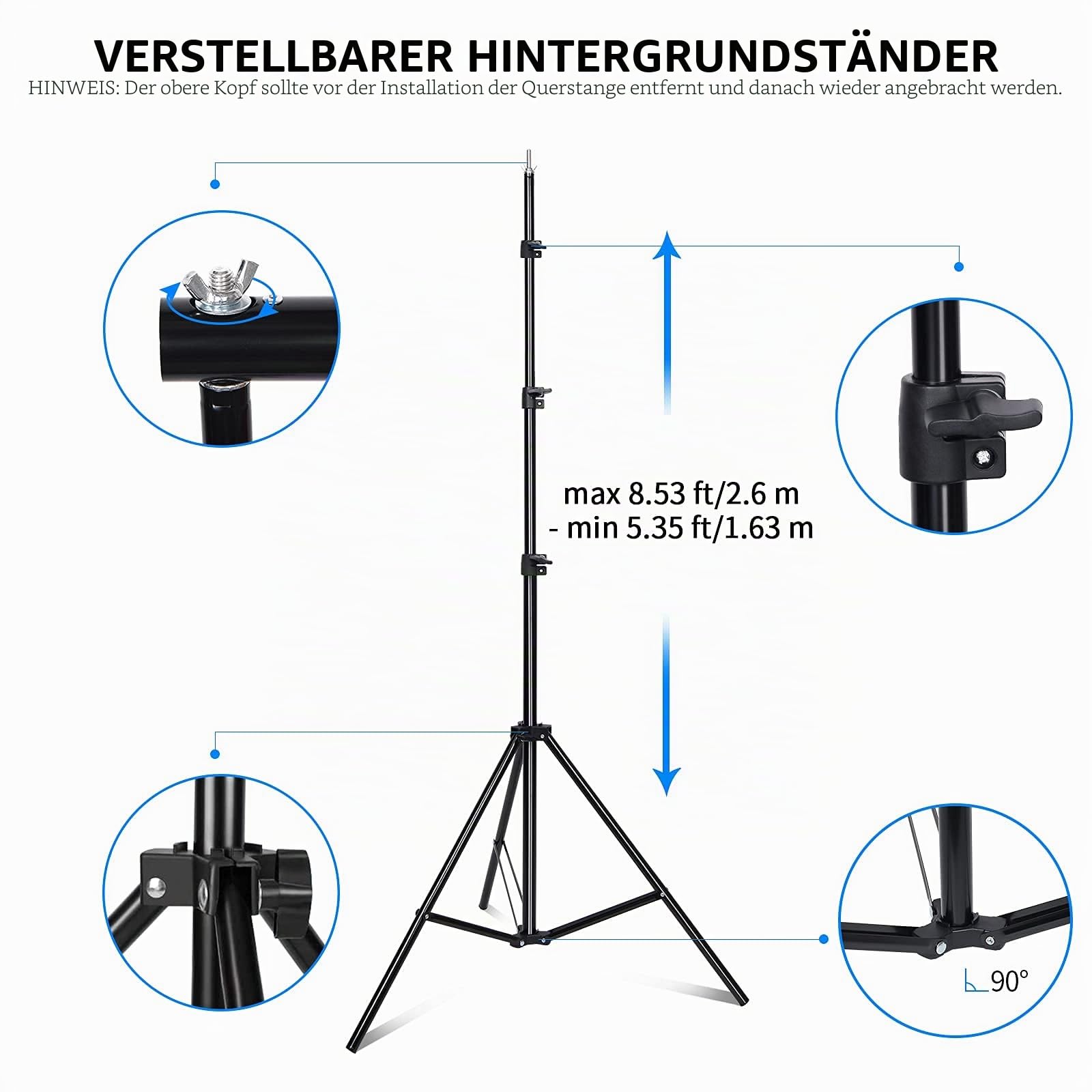 2.6 x 3 M Foto Hintergrund Ständer mit 3 Hintergrundtüchern | Verstellbarer Hintergrundsystem mit 4 Klammer, 2 Sandsack & Tragetasche für Innenfotografie und Videoaufnahme
