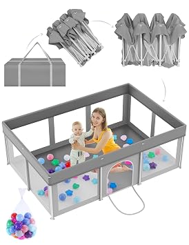 Foldable Large Baby Playpen 50"71", Playard for Babies and Toddlers, Portable Safety Baby Fence Lightweight,No Installation, Indoor & Outdoor Play Yard with Ocean Balls*100, Grey