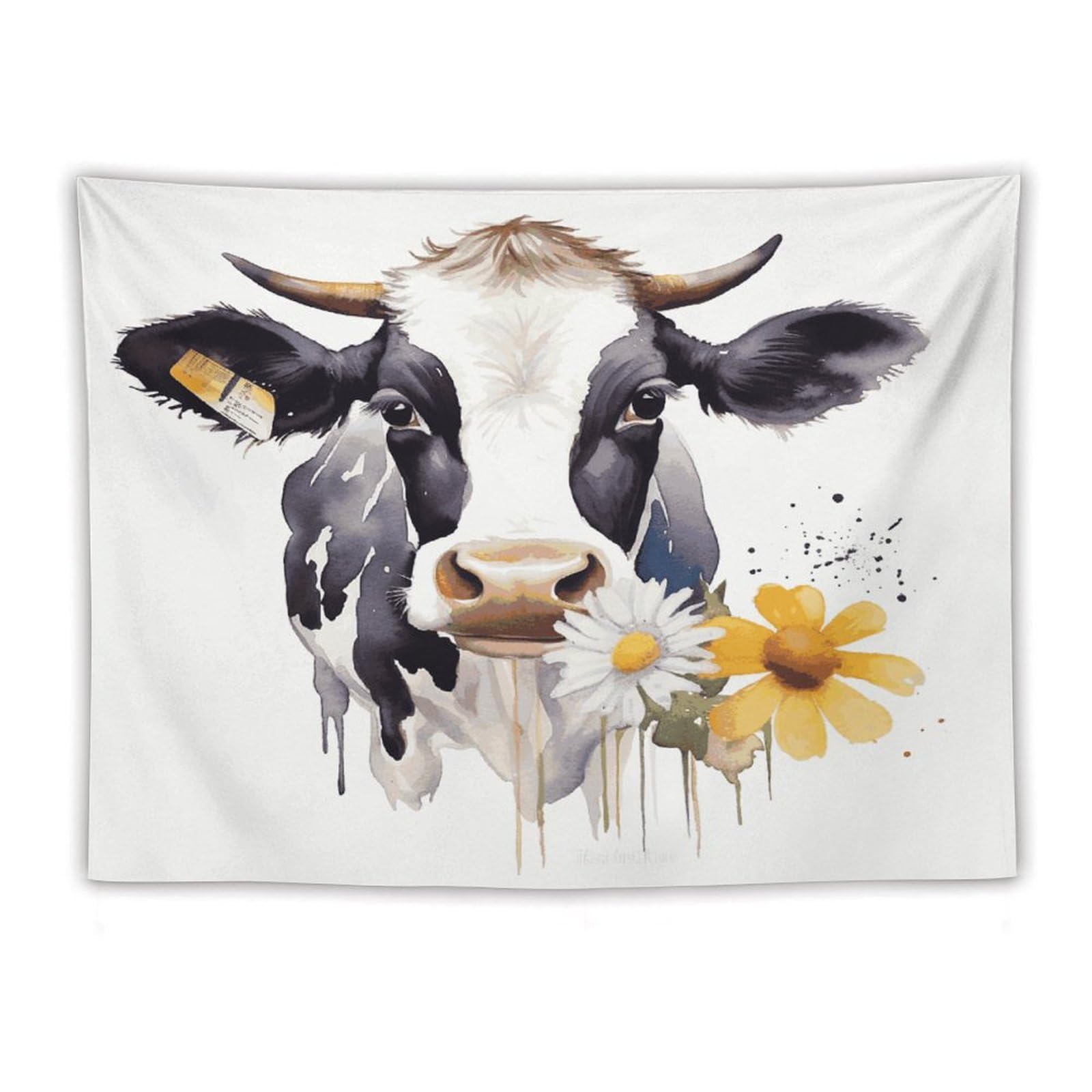 LDGSUPH Watercolor Cow And Daisy Flower Tapestry Wall Hanging Decor Anti-fading Aesthetic Wall Tapestries Fashion Wall Blanket Decor Modern Wall Art Tapestry for Bedroom Home Decor 60"x80"