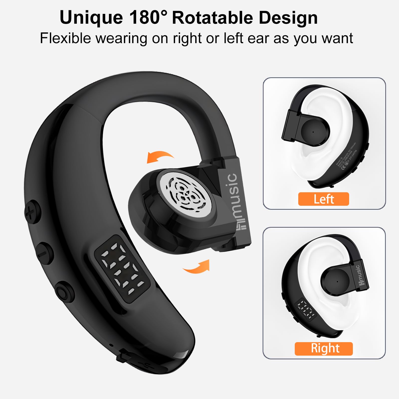 Hmusic Bluetooth Headset, V5.4 Wireless Bluetooth Earpiece, Both Left & Right Ear Wearing, USB C Fast Charging 20 Hrs Playing Time Earphone with ENC Mic for Driving, Truckers, Business, Office (Black)