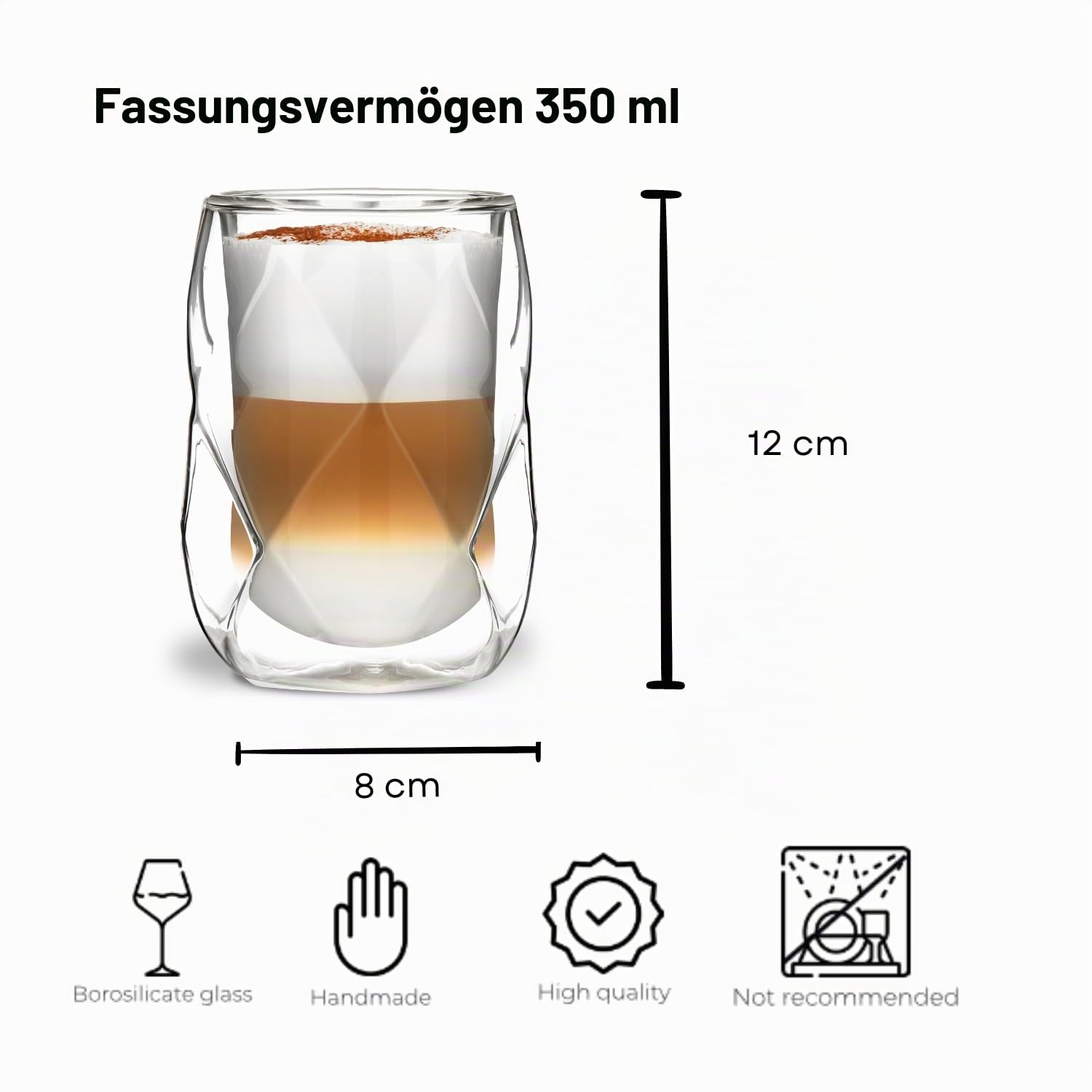 Vialli Design Set 2 x Thermogläser Doppelwandig 350 ml, Gläser für Latte Macchiato, Cappuccino, Geo Kollektion, Latte Tassen, Kaffeetassen, Kaffeegläser, Hitzebeständiges Glas, Transparente