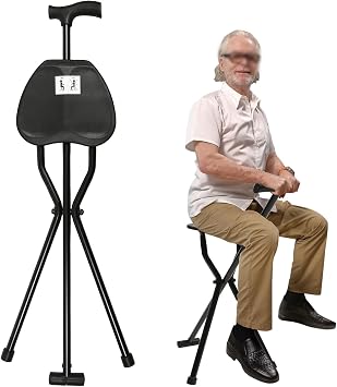 Cane with Seat, Walking Cane Chair, Portable Folding Cane with Seat, Quad Cane and Folding Cane, Supports up to 220 Pounds, Lightweight Folding Cane with Seat for Elderly