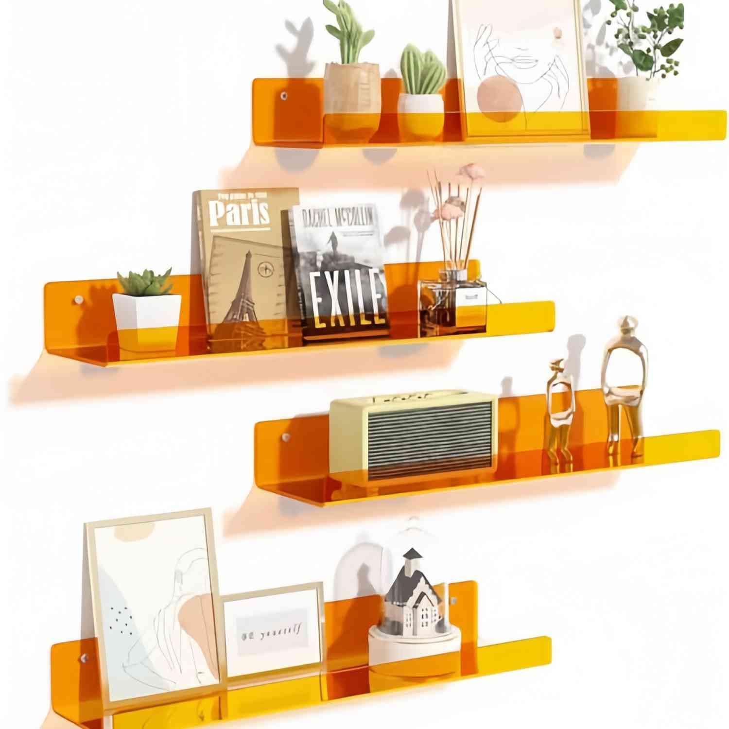 SaryEdge 4 Pack Floating Acrylic Shelves - Clear Wall Decor for Books, Perfume & Bathroom nization, Sturdy Space-Saving Display Shelves for Bedroom & Living Ro,Orange
