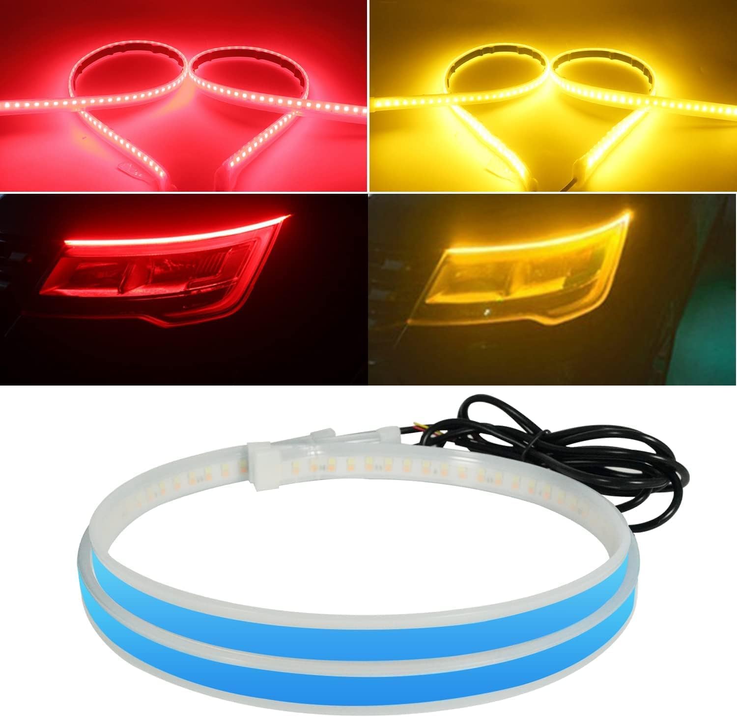 Car Led Strip - Headlight, Tail Light, Brake Light, Turn Signal, DRL Sequential Switchback - Amber/Yellow & Red (2Pcs 30CM/12Inch)