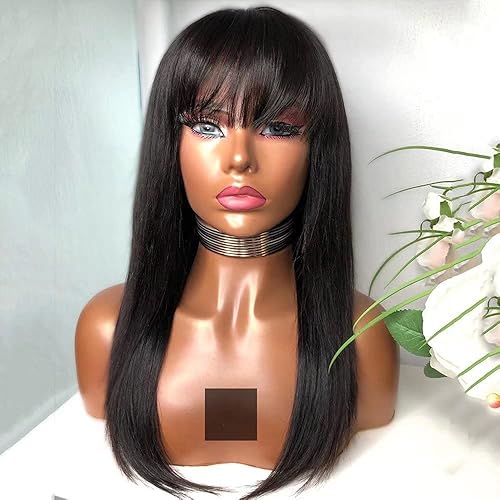 Miniatura 2 de QUINLUX WIGS Pelucas de cabello humano largo y lacio con flequillo, encaje frontal transparente HD, pelucas de cabello humano sedoso y liso,