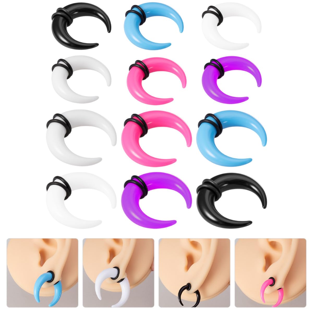 Lurrose Anillos para Tabique Nasal y Dilatadores de Oreja Acrílicos, Kit 12 Piezas 2mm y 3mm, Colores, Transparente, y Morado, Joyería para Piercing Corporal Mujer y Hombre, Uso — view 9