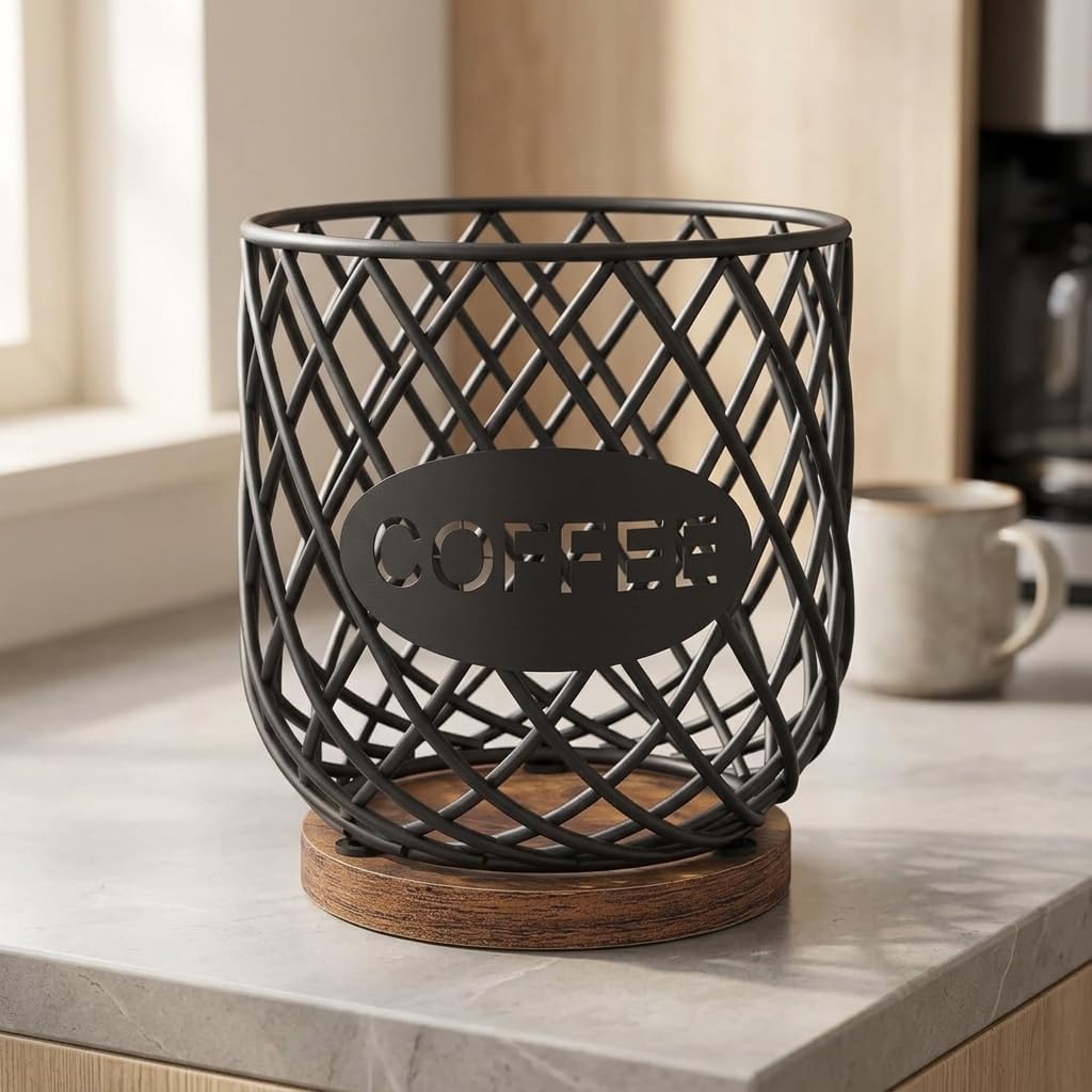 Coffee Pod Holder Organizer for Kitchen Countertop, Metal Wood