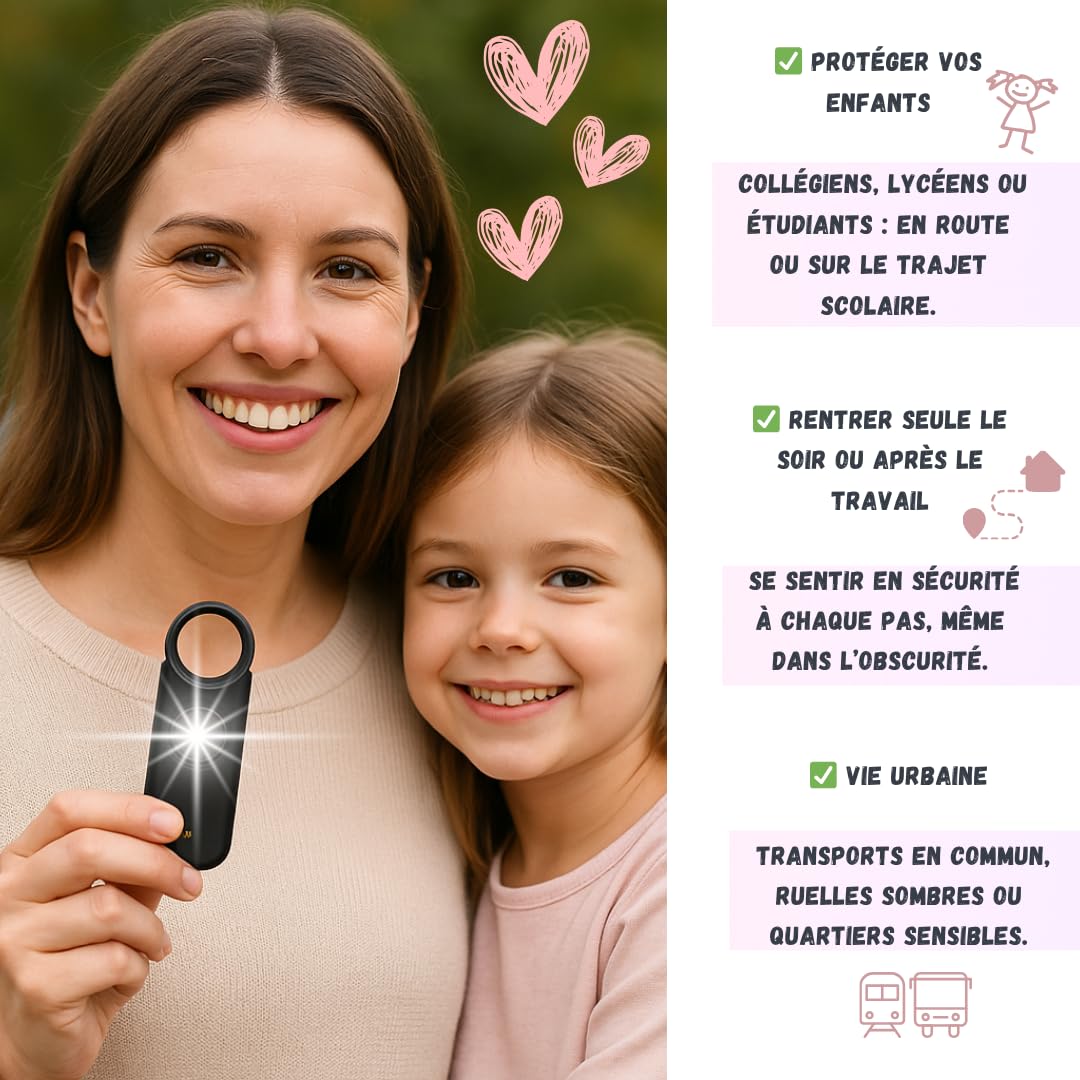Alarme Personnelle Femme 135 DB Ultra Puissante, Kit Sécurité Auto Défense, Sifflet Urgence + Détecteur Porte/Fenêtre, Rechargeable USB-C avec Lampe LED, Noir