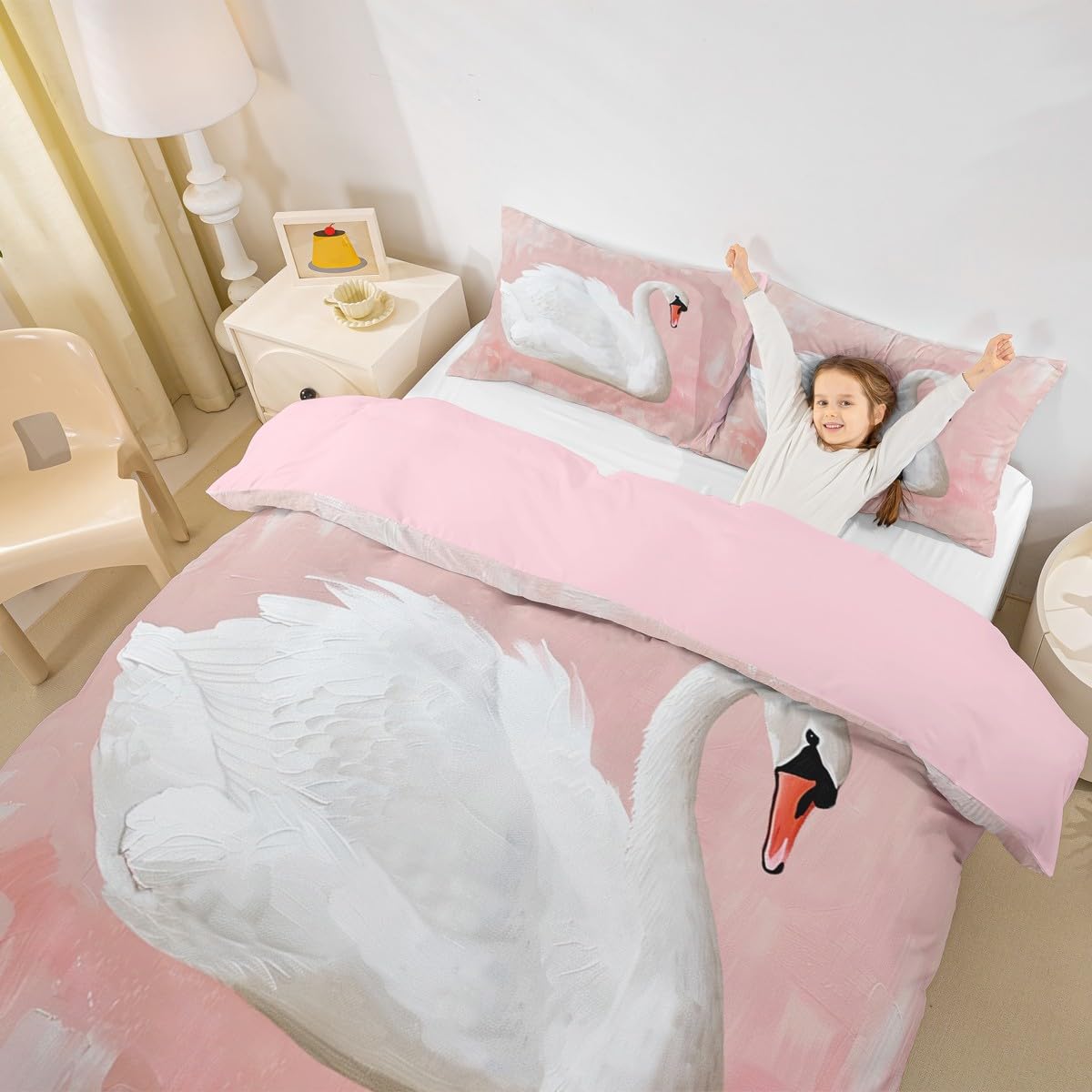 Homewish Różowy łabędź poszewka na kołdrę super king łabędź zestaw pościeli dla dzieci nastolatków romantyczny Zwaan ptactwo wodne poszewka na kołdrę akwarela estetyczny zestaw pościeli