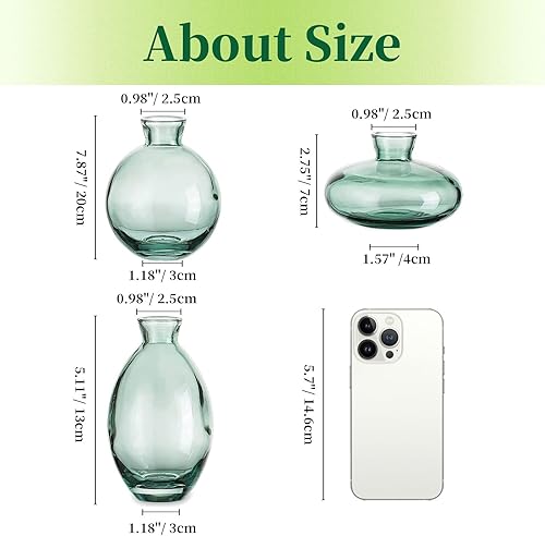 Miniatura 3 de Hewory - Juego de 3 jarrones de cristal, bonitos jarrones pequeños verdes hechos a mano, mini jarrón de cristal para arreglos florales, centro de