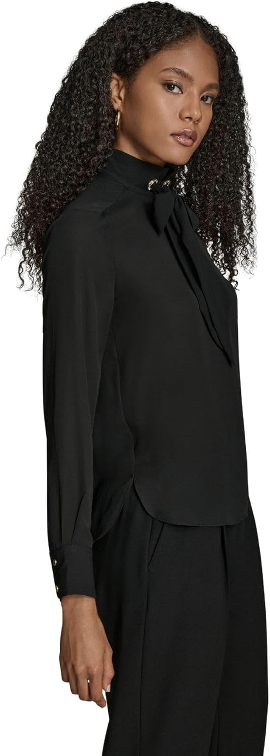 BCBG womens Long Sleeve Tie Neck Mixed Media Woven Blouse - Image 3