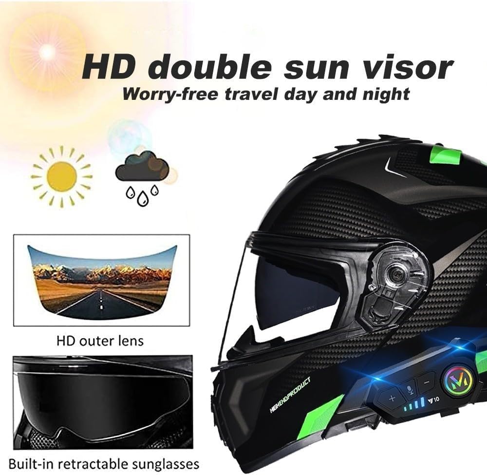 Casco da Moto modulare Bluetooth con Luce Posteriore, Casco da Moto con Doppia Visiera Integrata omologato ECE/DOT, Doppi Altoparlanti e Microfono, per Adulti, Uomini e Donne G,XXL=61-62cm